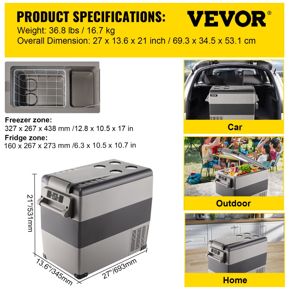 VEVOR 12 Volt Refrigerator, 58 Quart Car Refrigerator, Dual Zone Portable Refrigerator,RV Refrigerator with 12/24V DC and 110-240V AC, Freezer Fridge Cooler, for Car, RV, Camping and Home Use 