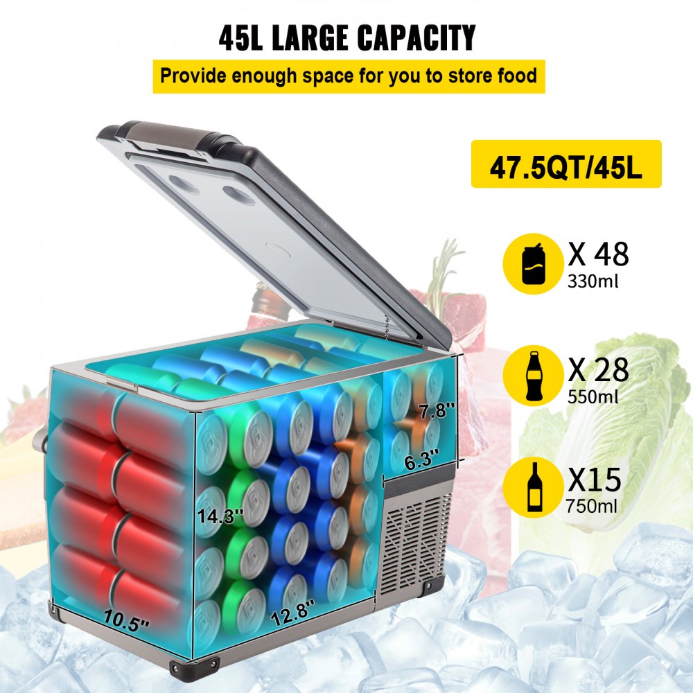 VEVOR 12 Volt Refrigerator 45L(48qt) Fast Cooling Portable Freezer with App Control(-4?~68?) Car Fridge with 12/24v DC & 110-240v AC for Travel, Camping and Home Use, 48 Quart, Black 