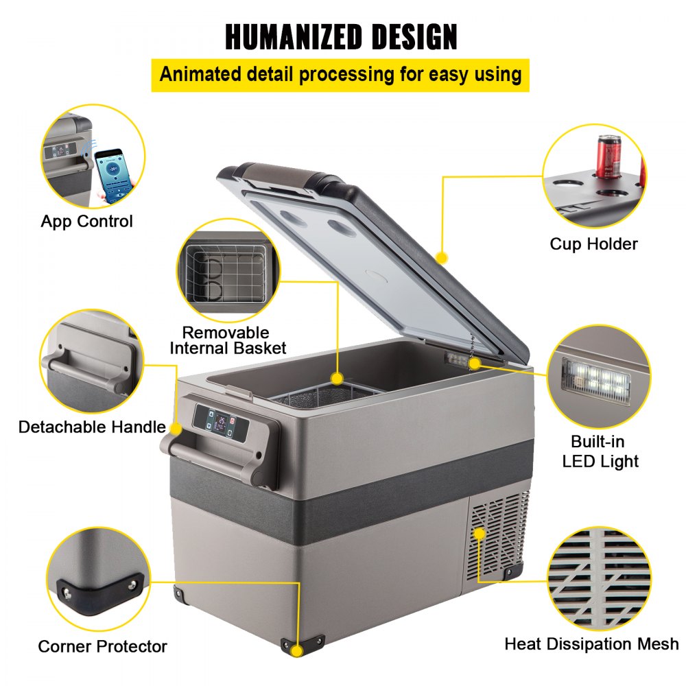 VEVOR 12 Volt Refrigerator 45L(48qt) Fast Cooling Portable Freezer with App Control(-4?~68?) Car Fridge with 12/24v DC & 110-240v AC for Travel, Camping and Home Use, 48 Quart, Black 