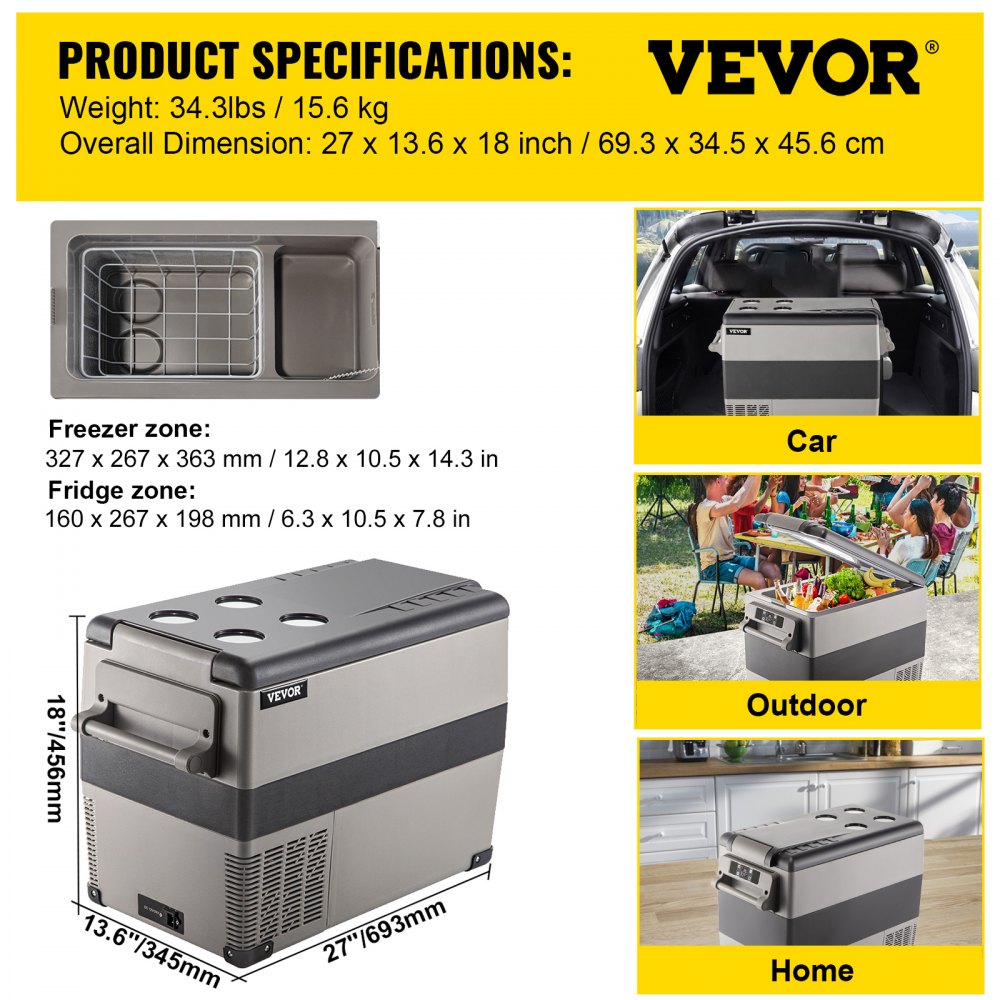 VEVOR 12 Volt Refrigerator 45L(48qt) Fast Cooling Portable Freezer with App Control(-4?~68?) Car Fridge with 12/24v DC & 110-240v AC for Travel, Camping and Home Use, 48 Quart, Black 