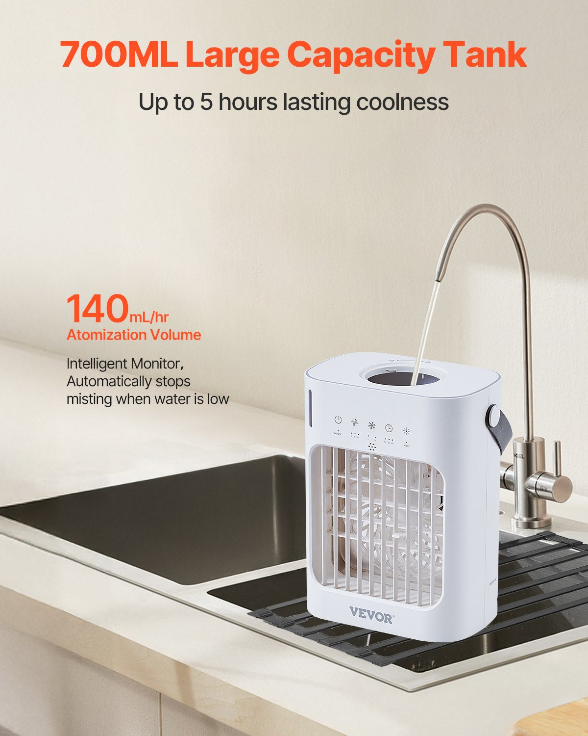 VEVOR Portable Air Conditioner 4-in-1 Evaporative Air Cooler 700ml Water Tank 