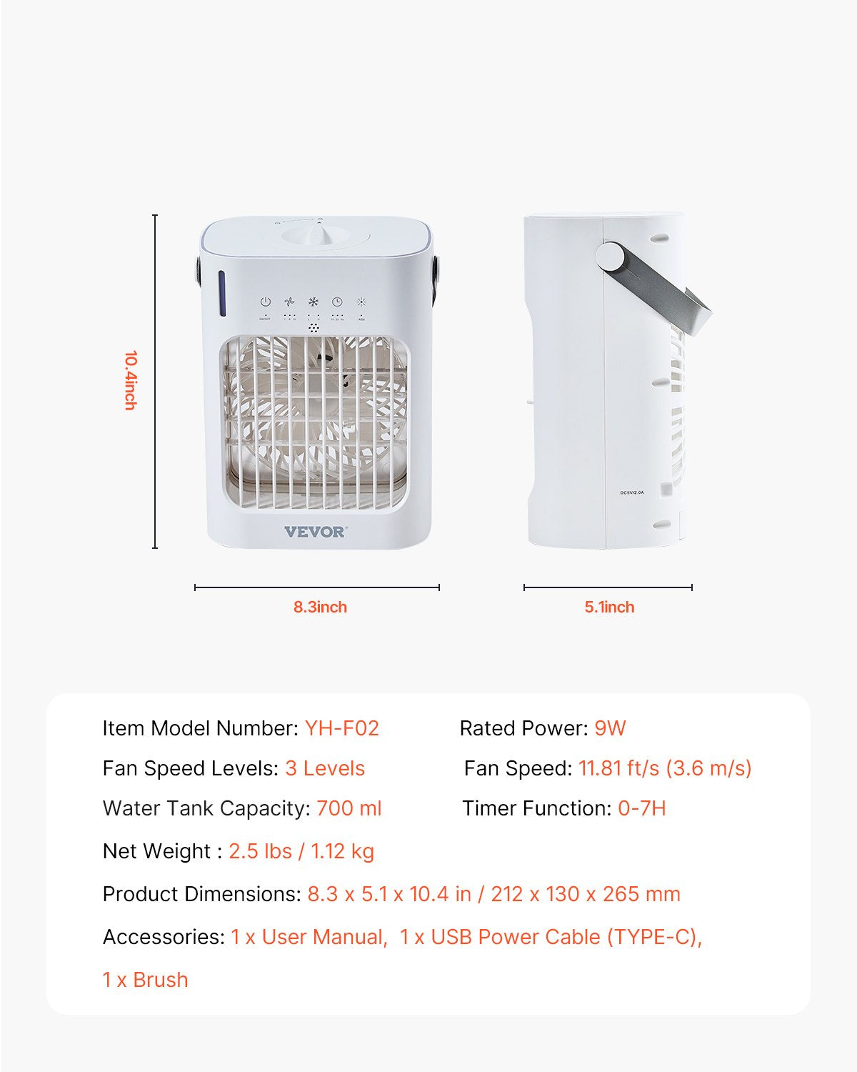 VEVOR Portable Air Conditioner 4-in-1 Evaporative Air Cooler 700ml Water Tank 