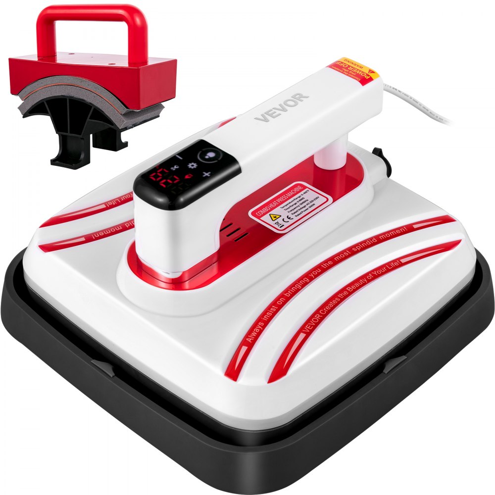 VEVOR Heat Press 10 x 10 800W Portable Easy Mini Press Vibration Function Red Mini Press Easy Press for DIY T-Shirt Hat/Cap with Sensitive Touch Screen Display & Double-Tube Heating 
