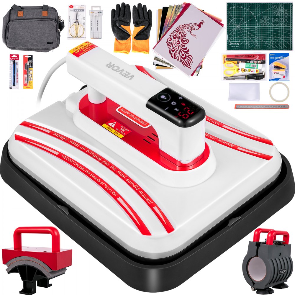 VEVOR Heat Press 12 x 10 Inch Easy Press 800W 4 in 1 Red Portable Easy Mini Press Vibration Function Press Machine Double-Tube Heating Mini Press for Mugs & Caps with Highly-Sensitive Touch Screen 