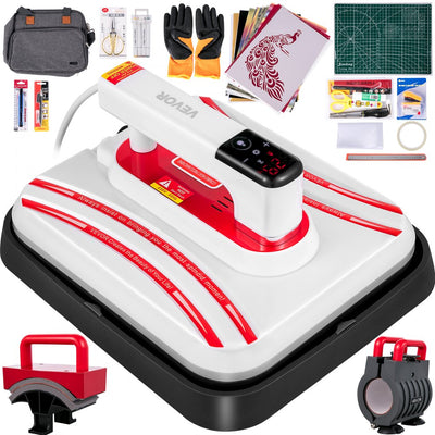 VEVOR Heat Press 12 x 10 Inch Easy Press 800W 4 in 1 Red Portable Easy Mini Press Vibration Function Press Machine Double-Tube Heating Mini Press for Mugs & Caps with Highly-Sensitive Touch Screen 