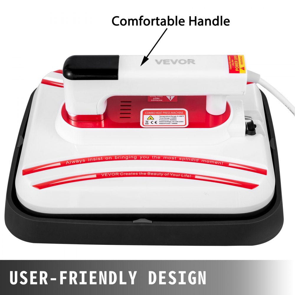 VEVOR Heat Press 12 x 10 Inch Easy Press 800W 4 in 1 Red Portable Easy Mini Press Vibration Function Press Machine Double-Tube Heating Mini Press for Mugs & Caps with Highly-Sensitive Touch Screen 