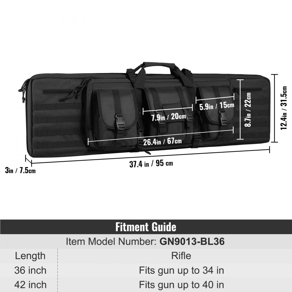 VEVOR Rifle Bag, 36 inch Tactical Double Long Gun Bag, Soft Rifle Case with Lockable Zipper, Portable Handle & Shoulder Strap, 3 Large Storage Pockets Rifle Case for Two 34" Rifles & 2 Pistols, Black 