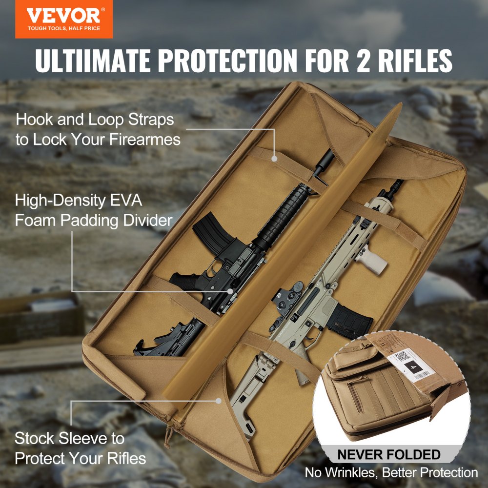 VEVOR Rifle Bag, 36 inch Tactical Double Long Gun Bag, Soft Rifle Case with Lockable Zipper, Portable Handle & Shoulder Strap, 3 Large Storage Pockets Rifle Case for Two 34" Rifles & 2 Pistols, Brown 