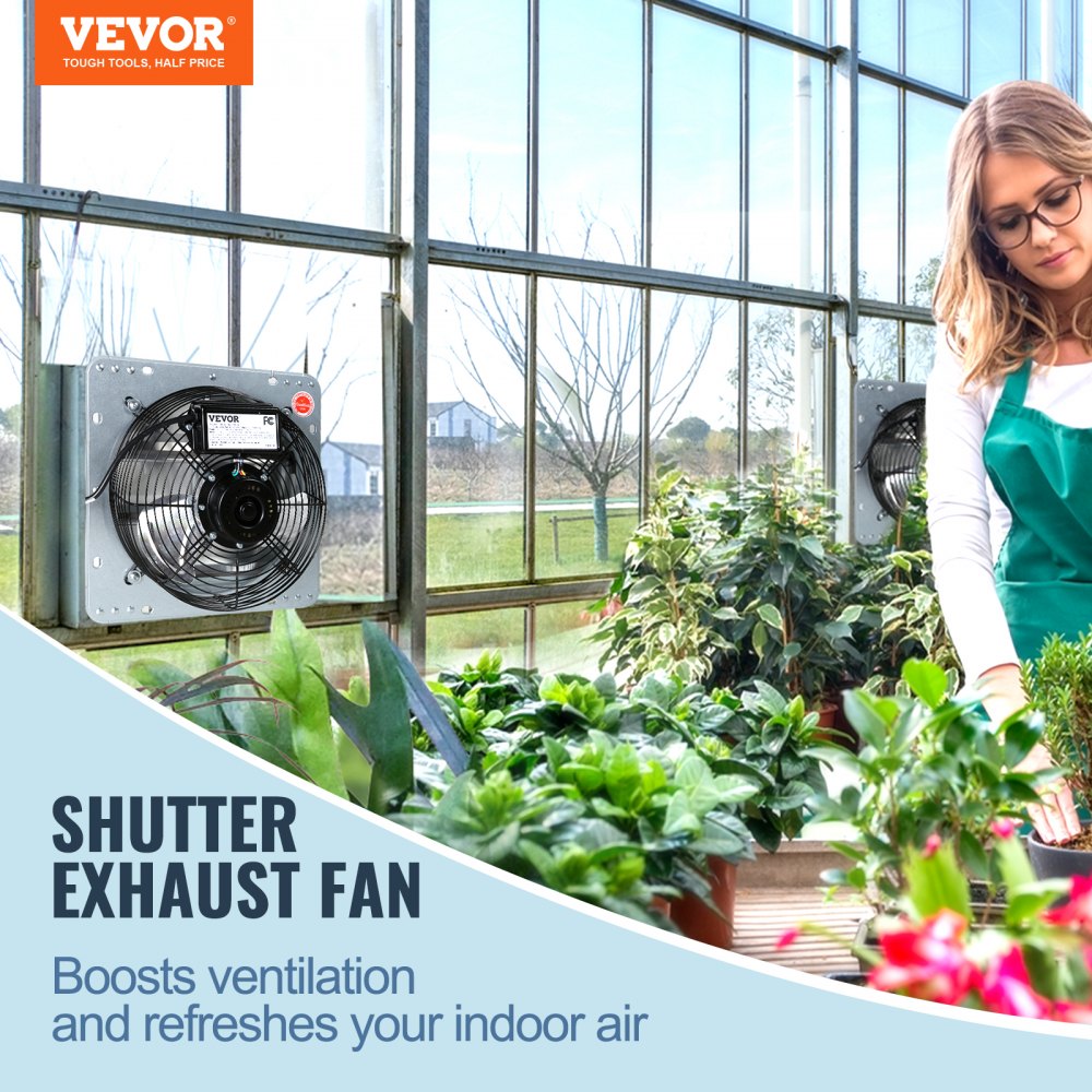 VEVOR Shutter Exhaust Fan, 12'' with Speed Controller, AC-motor, 1000 CFM, No Assembly Required Wall Mount Attic Fan, Ventilation and Cooling for Greenhouses, Garages, Sheds, FCC Listed 