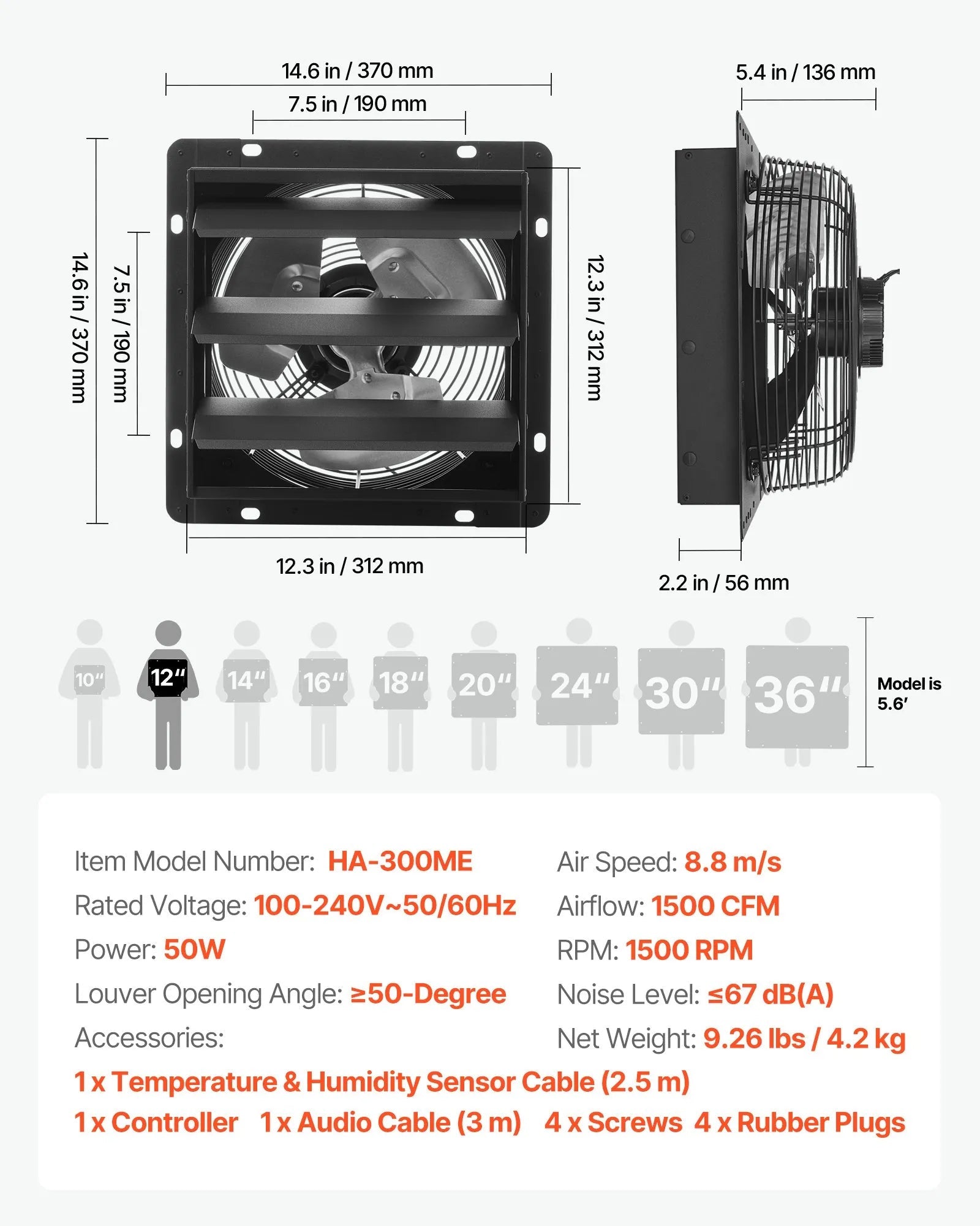 VEVOR 12 inch Shutter Exhaust Fan, Wall Mounted Attic Vent Fan with Smart Programming Variable Speed Temperature Control, 1500 CFM,EC Motor,Timer, for Shed,Garage,Greenhouse Ventilation Cooling,Black 
