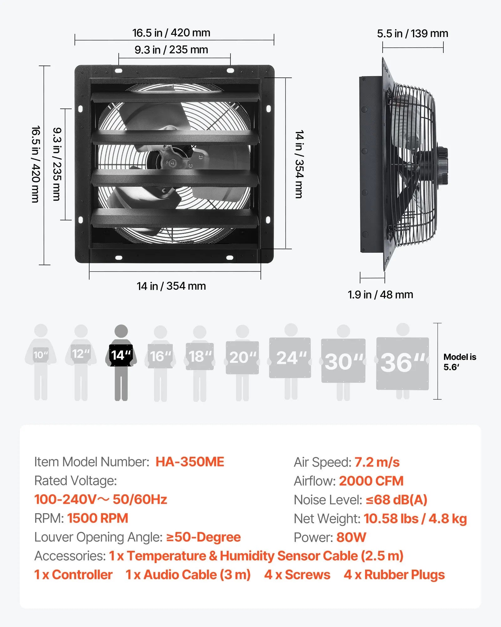 VEVOR 14 inch Shutter Exhaust Fan, Wall Mounted Attic Vent Fan with Smart Programming Variable Speed Temperature Control, 2000 CFM,EC Motor,Timer, for Shed,Garage,Greenhouse Ventilation Cooling,Black 