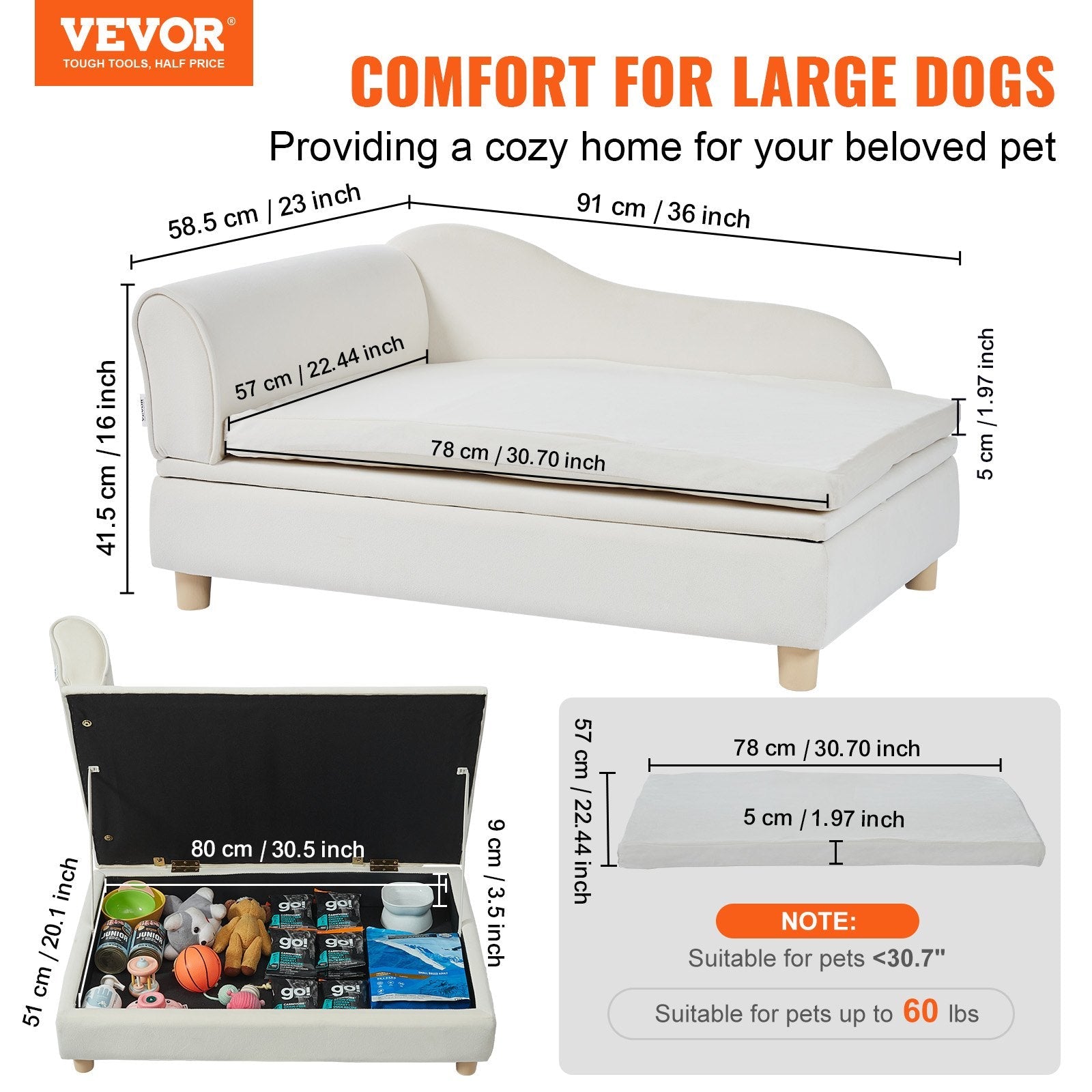 VEVOR Pet Sofa, Dog Couch for Large-Sized Dogs and Cats, Soft Velvety Dog Sofa Bed, 110 lbs Loading Cat Sofa, White 