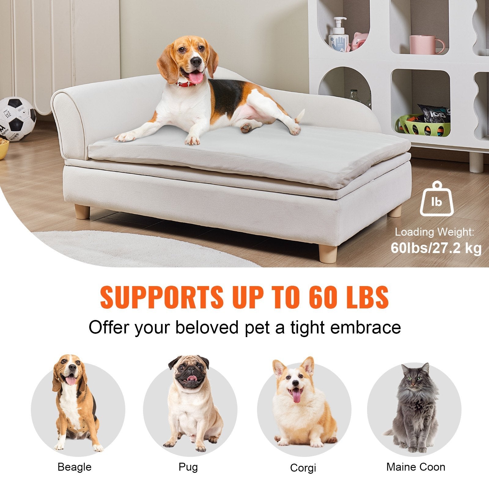 VEVOR Pet Sofa, Dog Couch for Large-Sized Dogs and Cats, Soft Velvety Dog Sofa Bed, 110 lbs Loading Cat Sofa, White 
