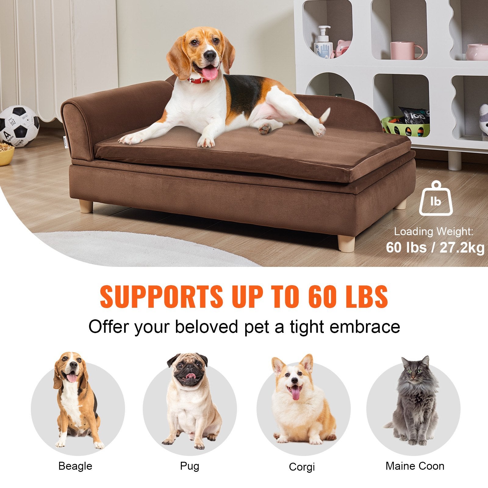 VEVOR Pet Sofa, Dog Couch for Large-Sized Dogs and Cats, Soft Velvety Dog Sofa Bed, 110 lbs Loading Cat Sofa, Dark Brown 