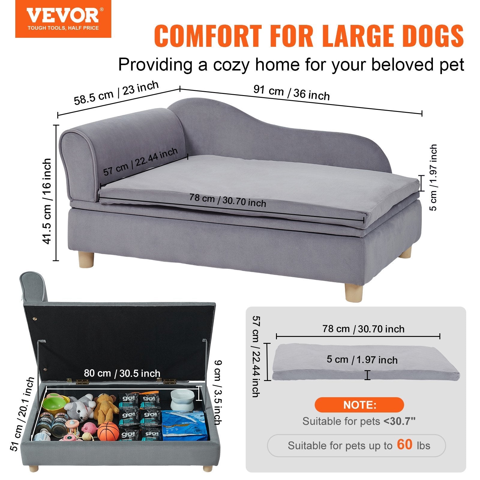 VEVOR Pet Sofa, Dog Couch for Large-Sized Dogs and Cats, Soft Velvety Dog Sofa Bed, 110 lbs Loading Cat Sofa, Grey 