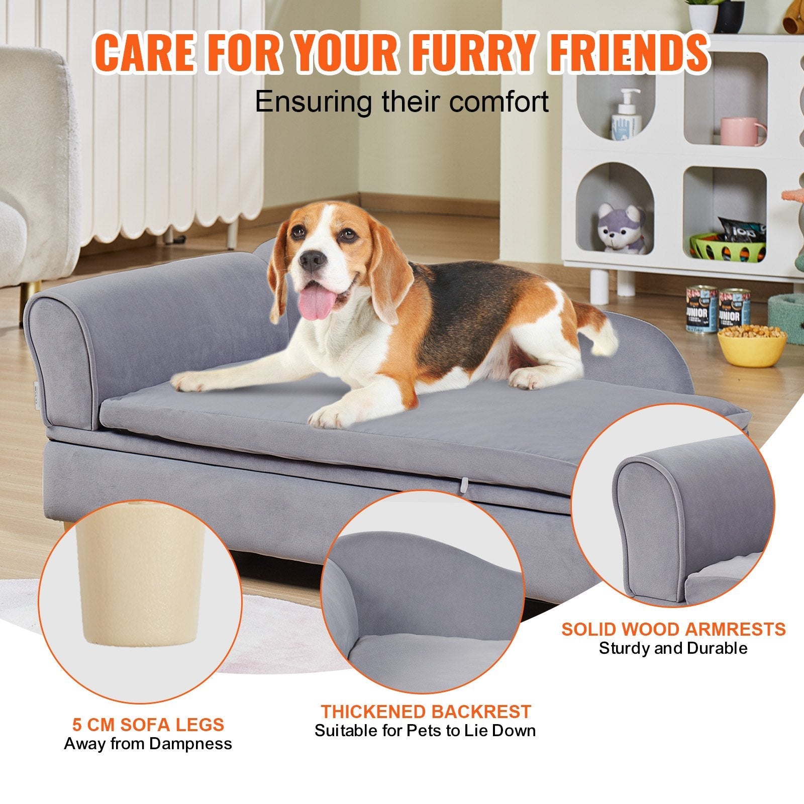 VEVOR Pet Sofa, Dog Couch for Large-Sized Dogs and Cats, Soft Velvety Dog Sofa Bed, 110 lbs Loading Cat Sofa, Grey 