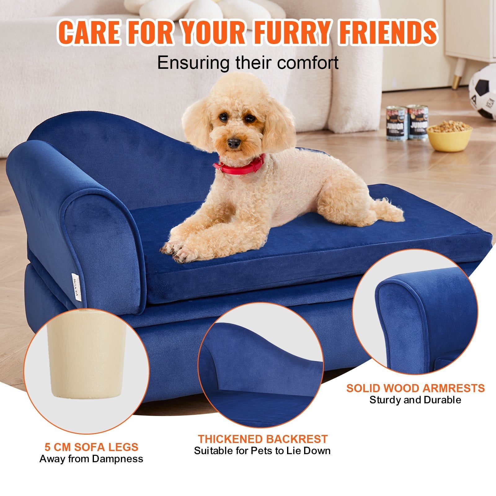 VEVOR Pet Sofa, Dog Couch for Medium-Sized Dogs and Cats, Soft Velvety Dog Sofa Bed, 81 lbs Loading Cat Sofa, Blue 