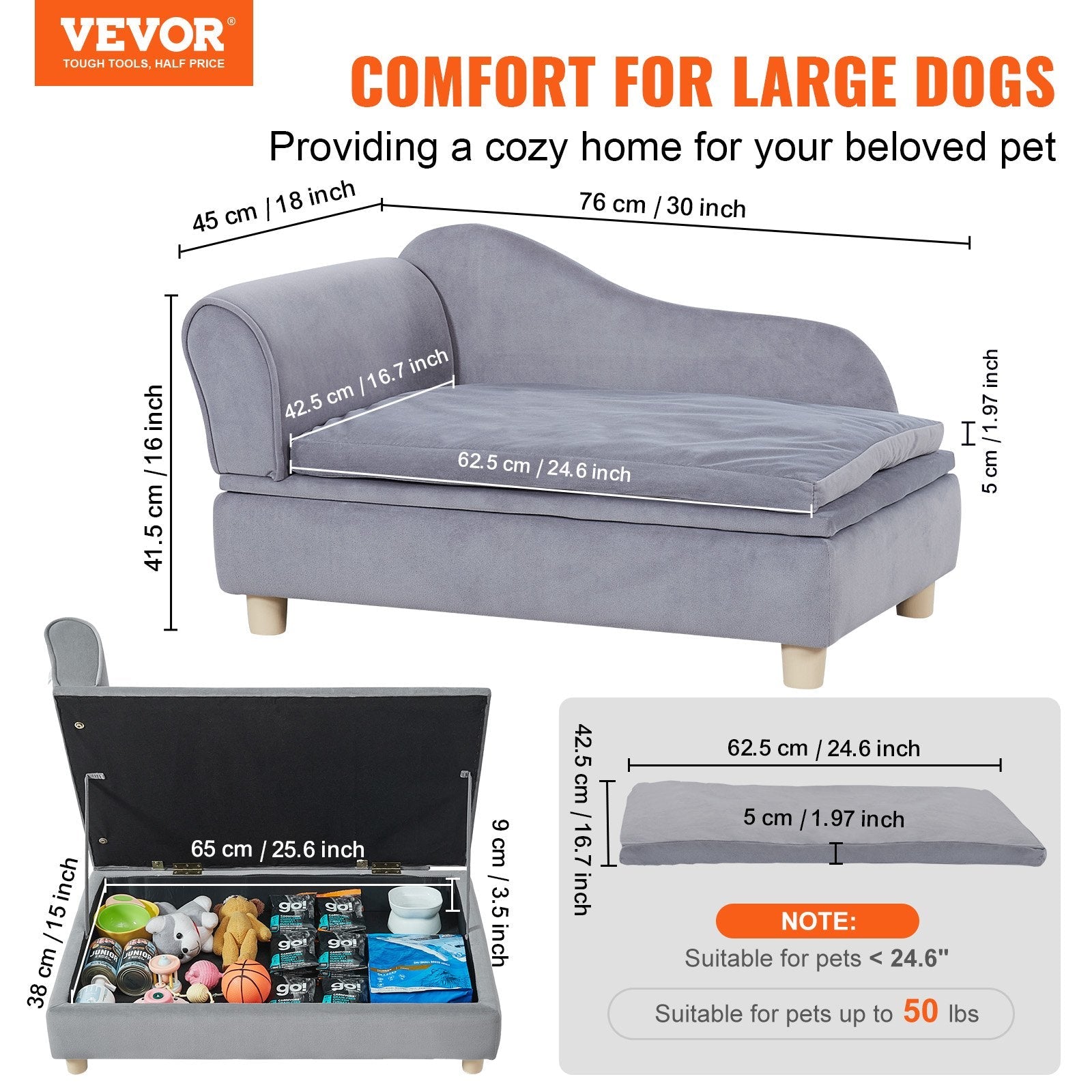 VEVOR Pet Sofa, Dog Couch for Medium-Sized Dogs and Cats, Soft Velvety Dog Sofa Bed, 81 lbs Loading Cat Sofa, Grey 