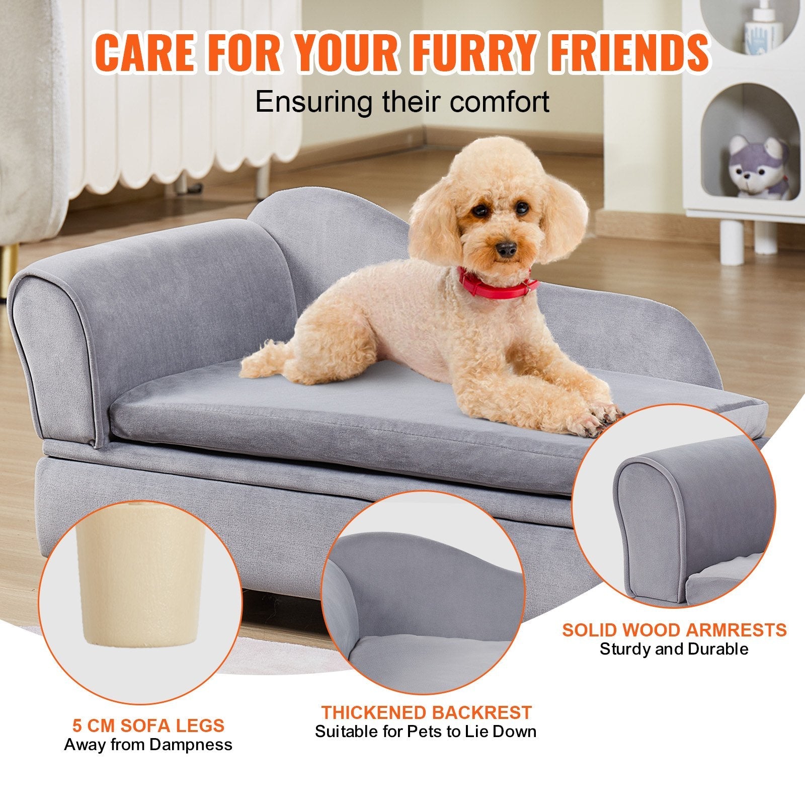 VEVOR Pet Sofa, Dog Couch for Medium-Sized Dogs and Cats, Soft Velvety Dog Sofa Bed, 81 lbs Loading Cat Sofa, Grey 