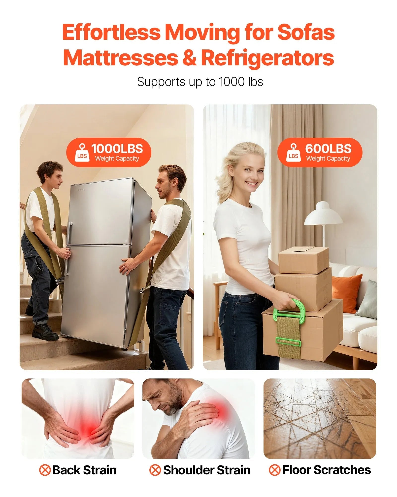 VEVOR Moving Straps, 2-Person Lifting and Moving System with 2 Harness Straps, 1 Load-bearing Strap & 1 Handheld Strap, Adjustable Lifting Shoulder Straps Move Furniture Appliances Mattresses 