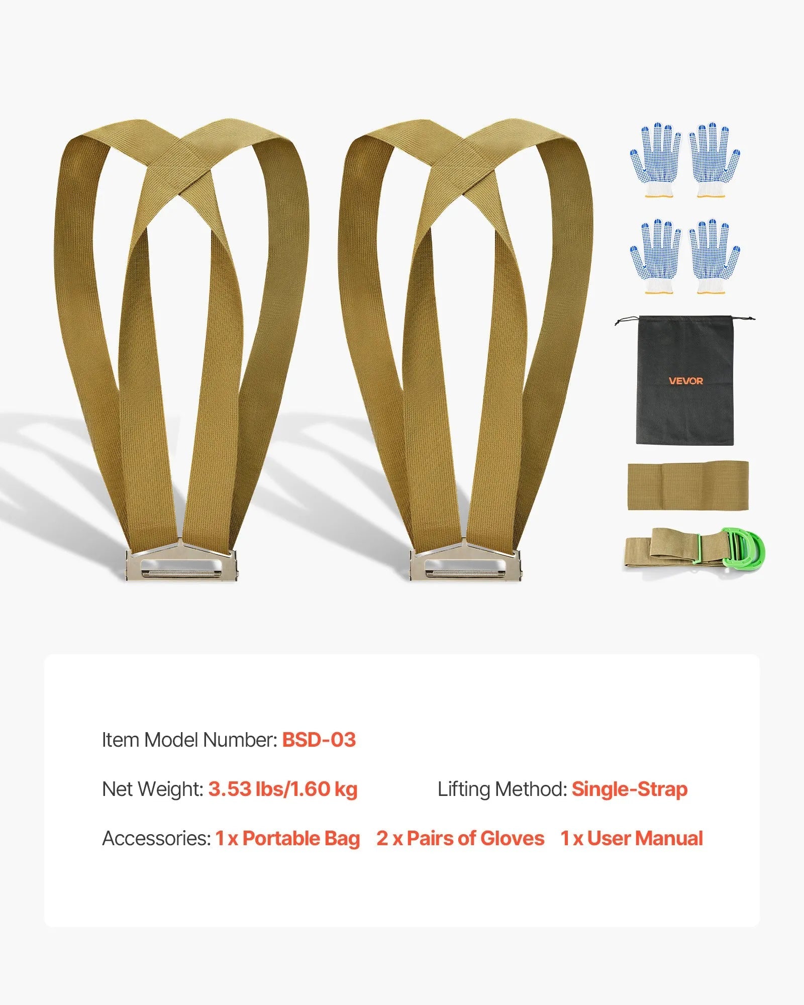 VEVOR Moving Straps, 2-Person Lifting and Moving System with 2 Harness Straps, 1 Load-bearing Strap & 1 Handheld Strap, Adjustable Lifting Shoulder Straps Move Furniture Appliances Mattresses 