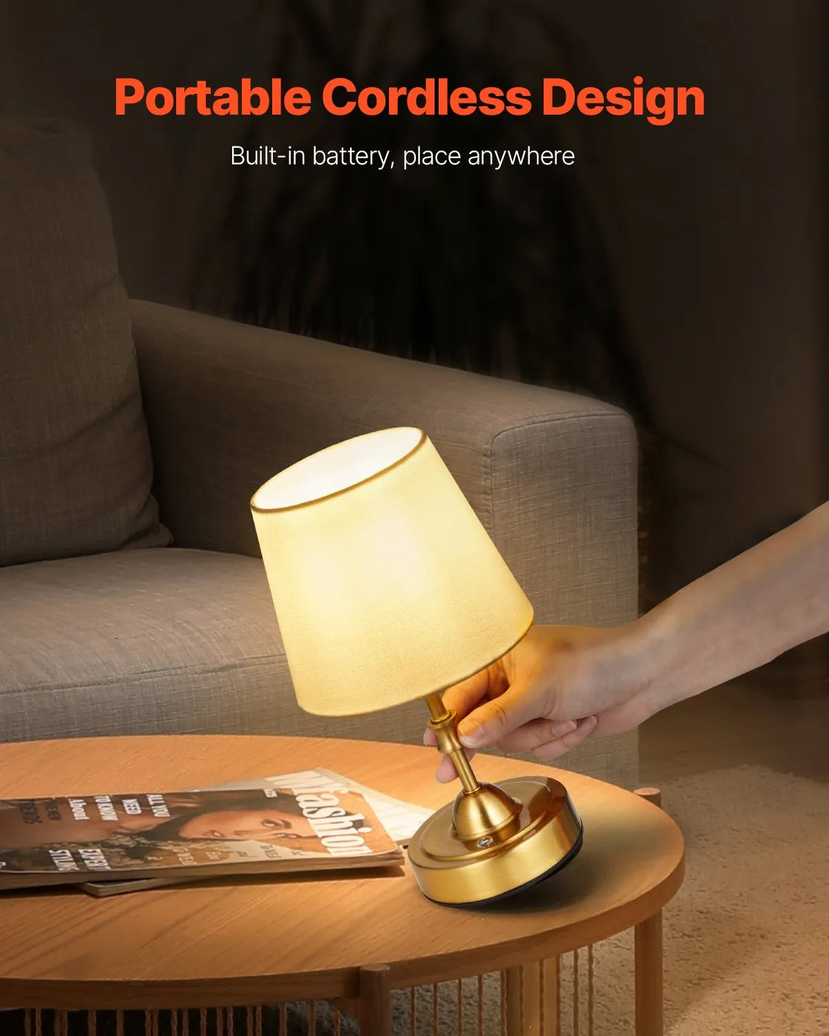 VEVOR Cordless Table Lamp Rechargeable Battery Small Lamp Fabric Shade Gold