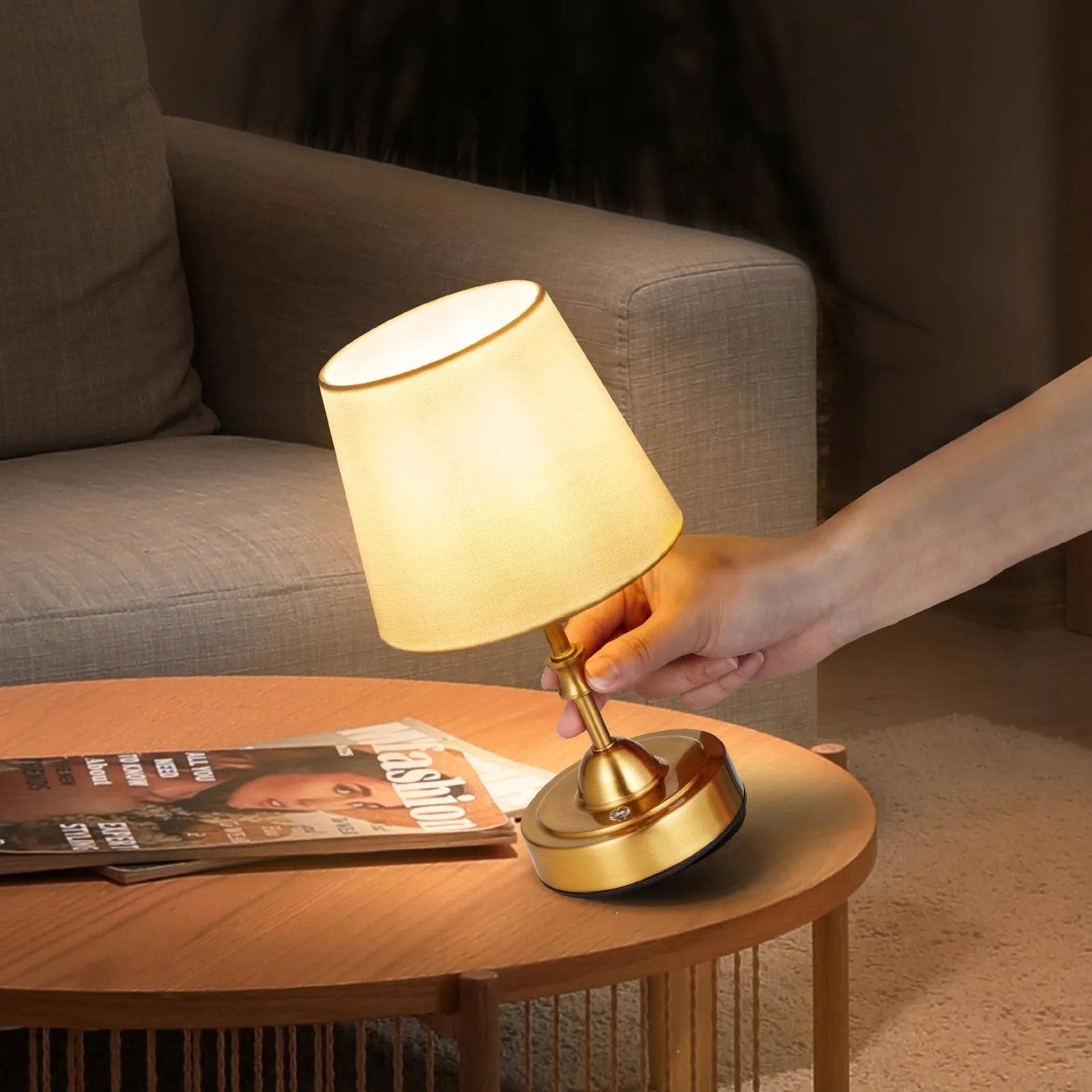 VEVOR Cordless Table Lamp Rechargeable Battery Small Lamp Fabric Shade Gold