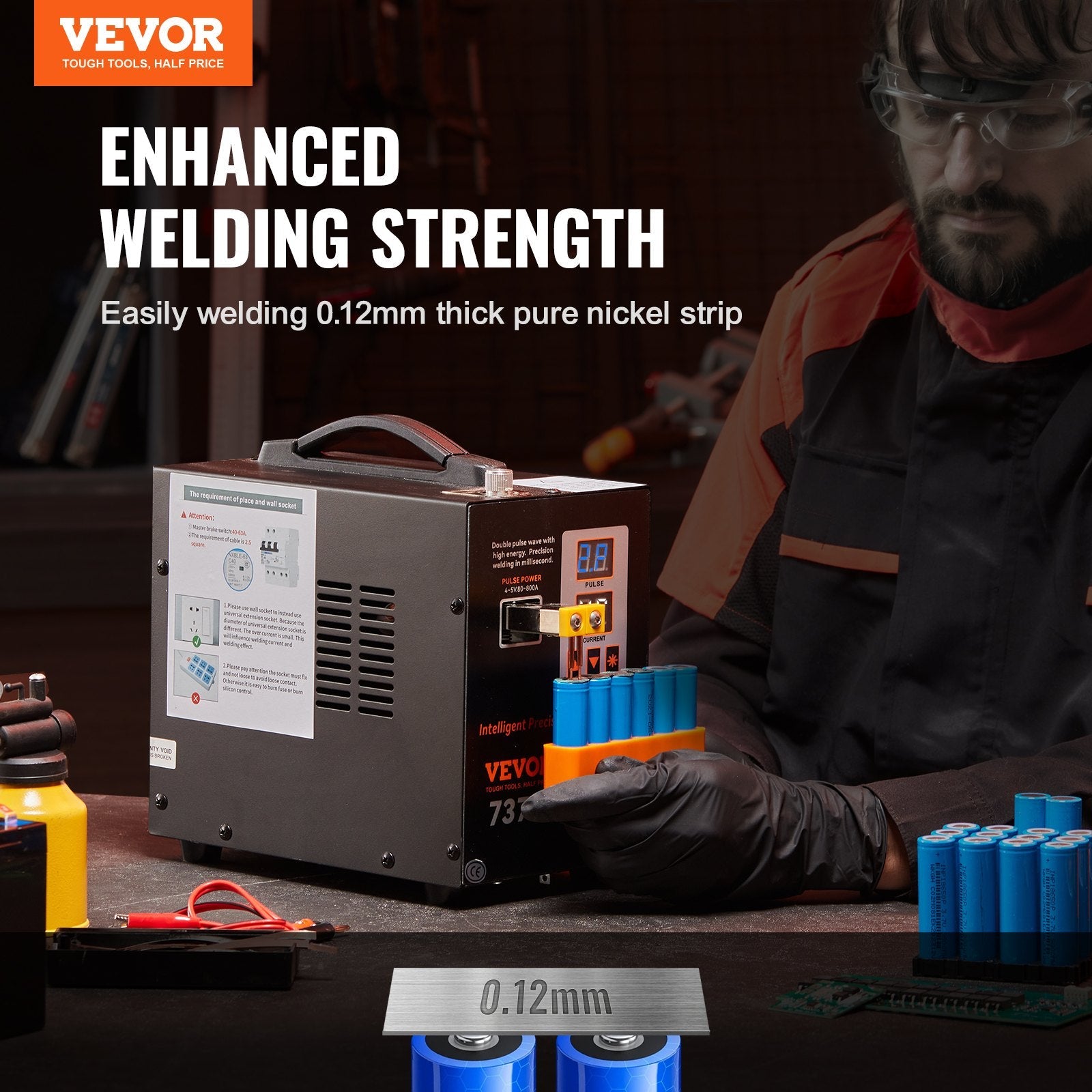 VEVOR Battery Spot Welder, 737G Pulse Spot Welder, Portable High-Power Battery Welding Machine Soldering Station with 2 Welding Modes and LED Lighting for 0.12mm Pure Nickel, 18650 14500 Battery Pack 