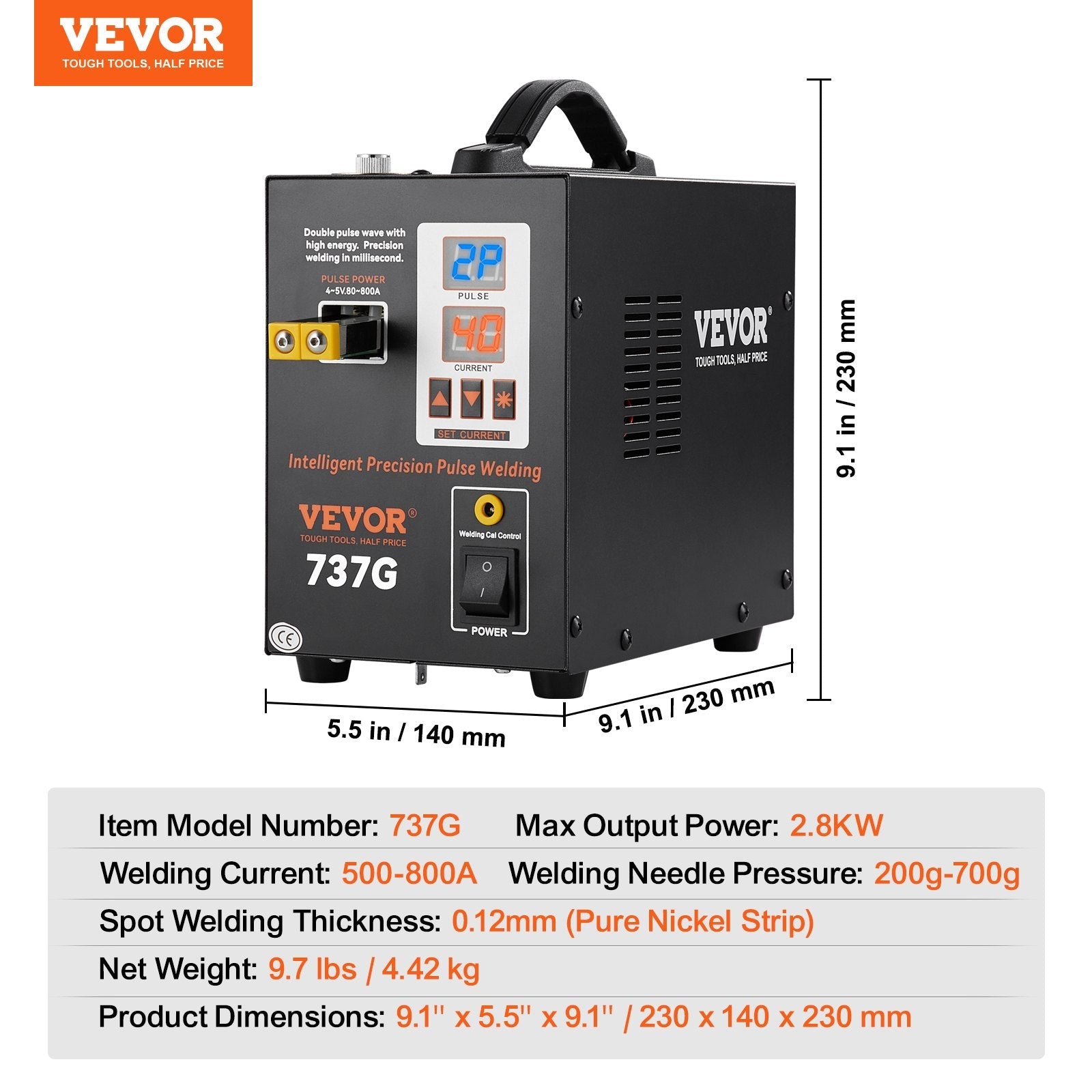 VEVOR Battery Spot Welder, 737G Pulse Spot Welder, Portable High-Power Battery Welding Machine Soldering Station with 2 Welding Modes and LED Lighting for 0.12mm Pure Nickel, 18650 14500 Battery Pack 