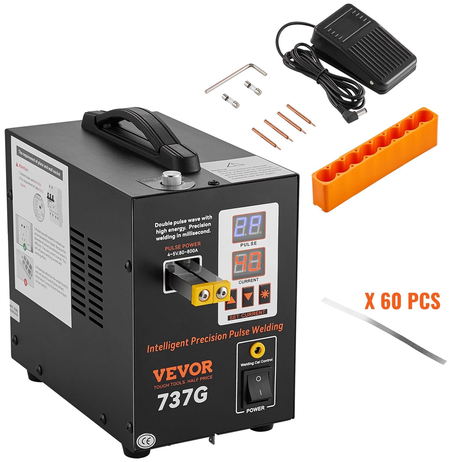 VEVOR Battery Spot Welder, 737G Pulse Spot Welder, Portable High-Power Battery Welding Machine Soldering Station with 2 Welding Modes and LED Lighting for 0.12mm Pure Nickel, 18650 14500 Battery Pack 