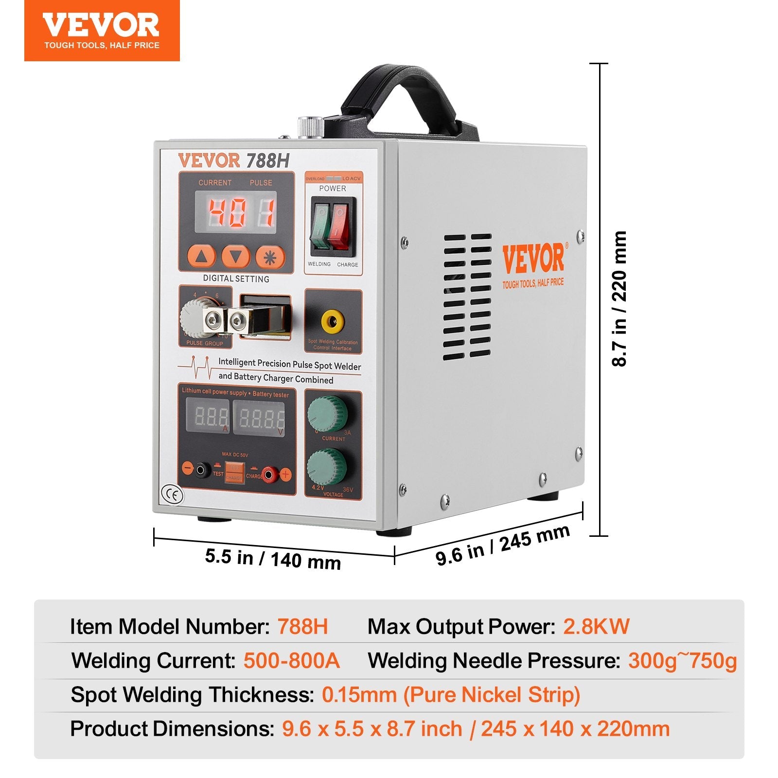 VEVOR Battery Spot Welder, 788H Pulse Spot Welder & Battery Charger, Portable High-Power Battery Welding Machine with 2 Welding Modes and LED Lighting for 0.15mm Pure Nickel, 18650 14500 Battery Packs 