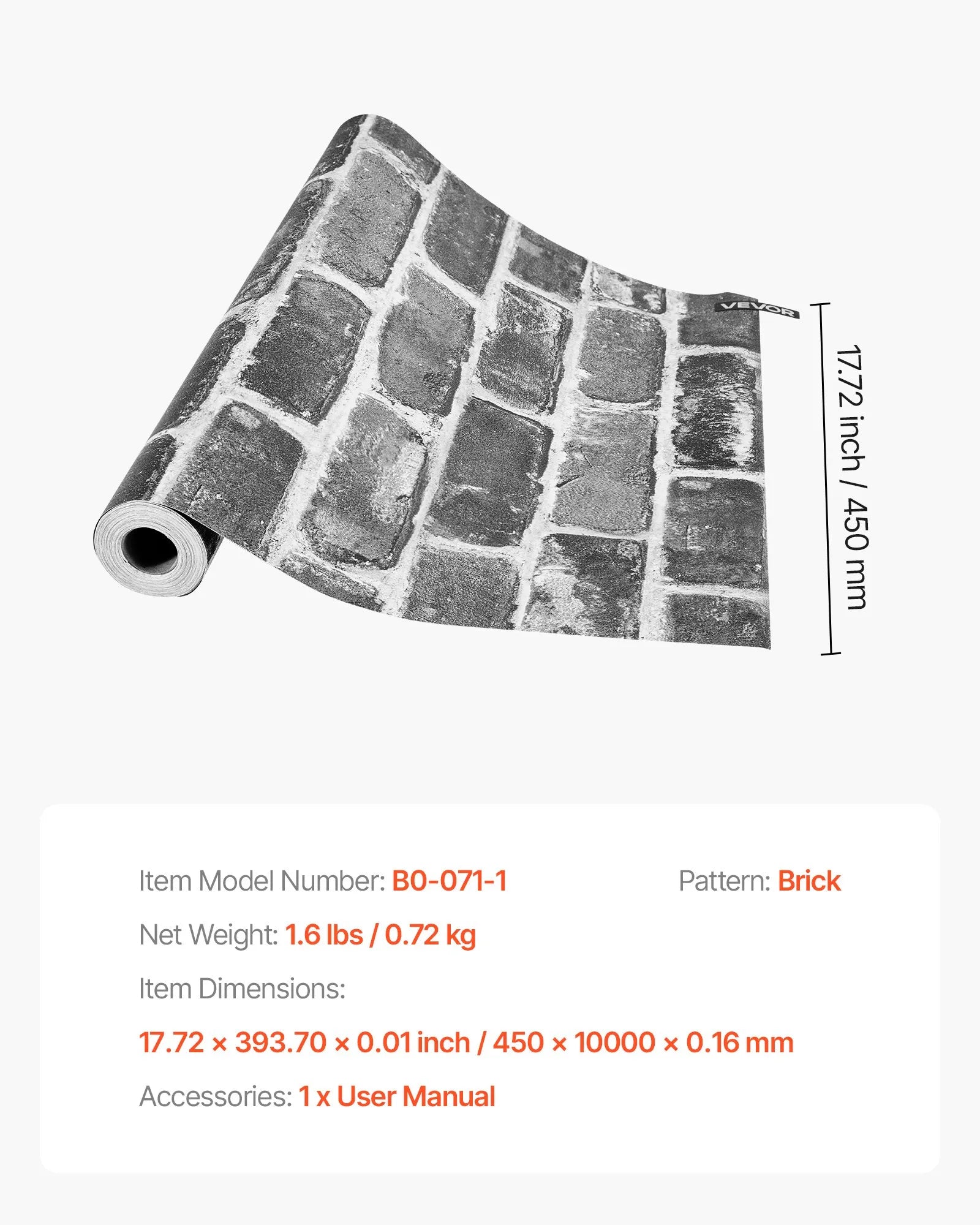 VEVOR Peel and Stick Wallpaper, 17.7 x 393.7 inch Contact Paper Gray Brick Waterpoof Self Adhesive, Easy to Clean & Peel Wall Decorative Vinyl Roll for Bedroom Kitchen Bathroom Office Desk 