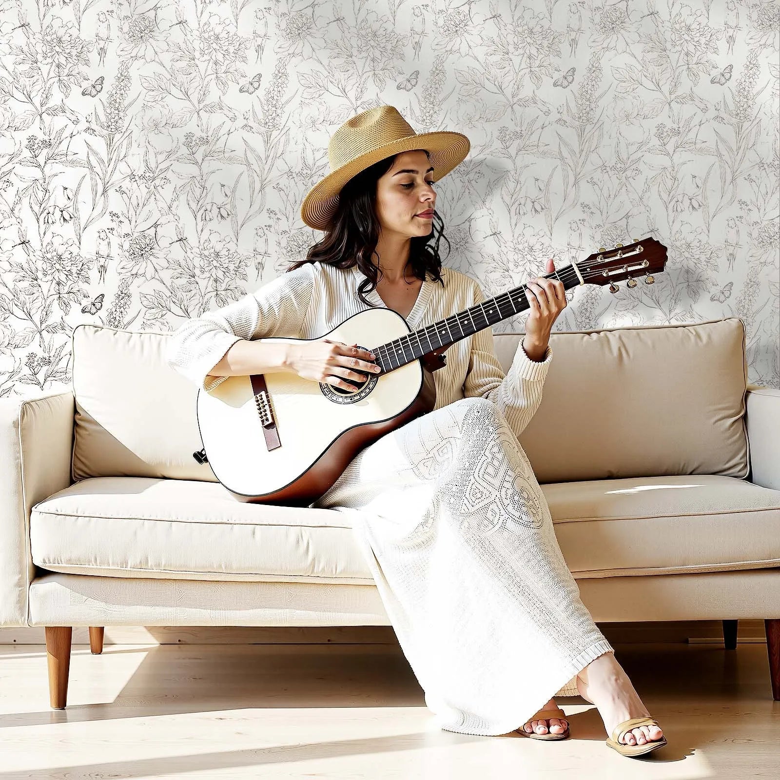 VEVOR Peel and Stick Wallpaper, 17.7 x 393.7 inch Contact Paper White Line Art Botanical Floral Waterpoof Self Adhesive, Easy to Clean Wall Decorative Vinyl Roll for Bedroom Kitchen Bathroom Office 