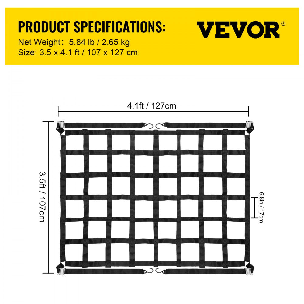 VEVOR 3.5'x 4.1' Cargo Net with S-Hooks, Truck Bed Cargo Net Heavy Duty Cargo Nets Capacity 1100LBS for Pickup Trucks (42" x 50") 
