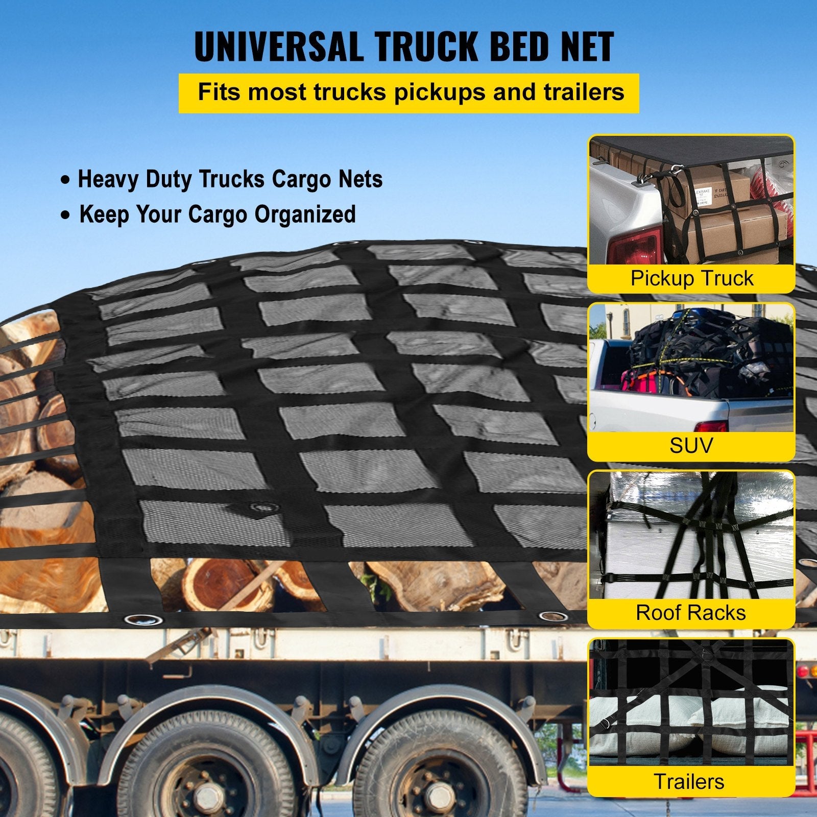 8' X 6.7' Cargo Net With Mesh Truck Bed Cargo Net Capacity 1100lbs Heavy Duty 