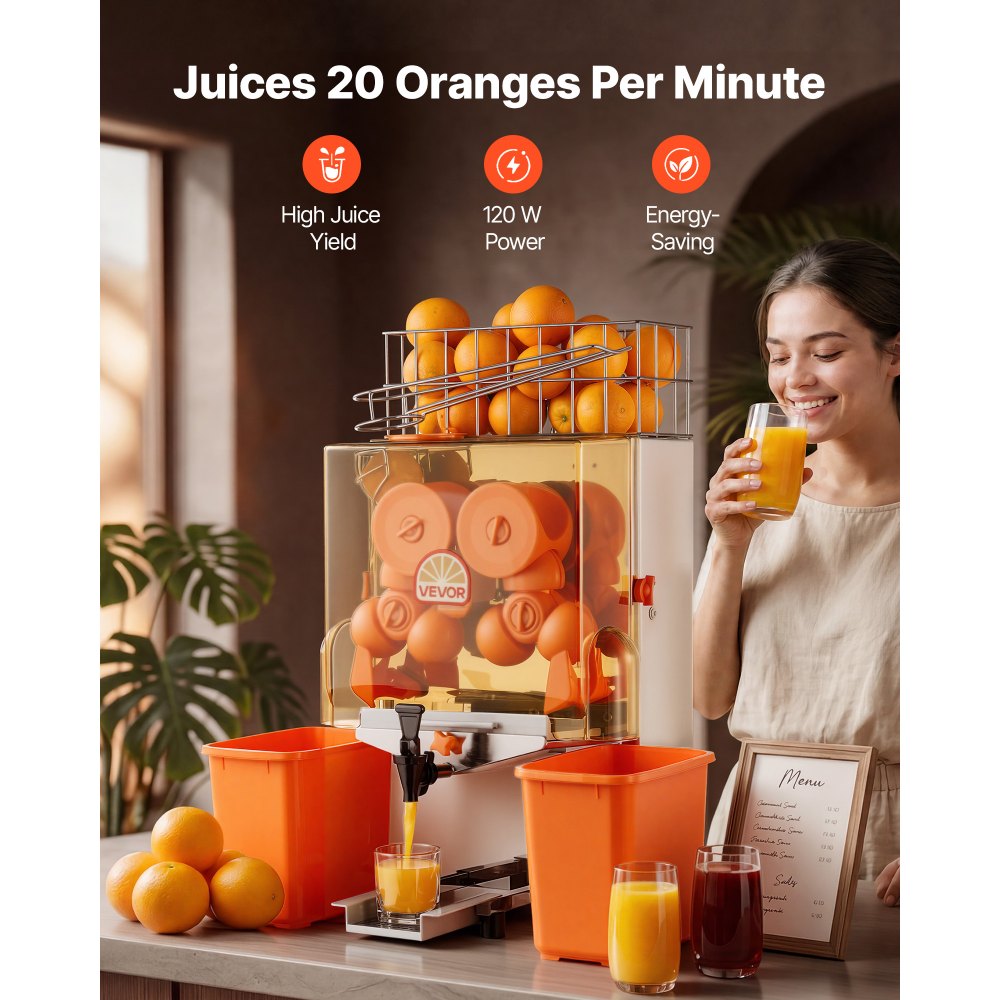 Commercial Electric Orange Juicer Machine | 120W Stainless Steel Citrus Juicer, 20 Fruits Per Minute with Water Tap