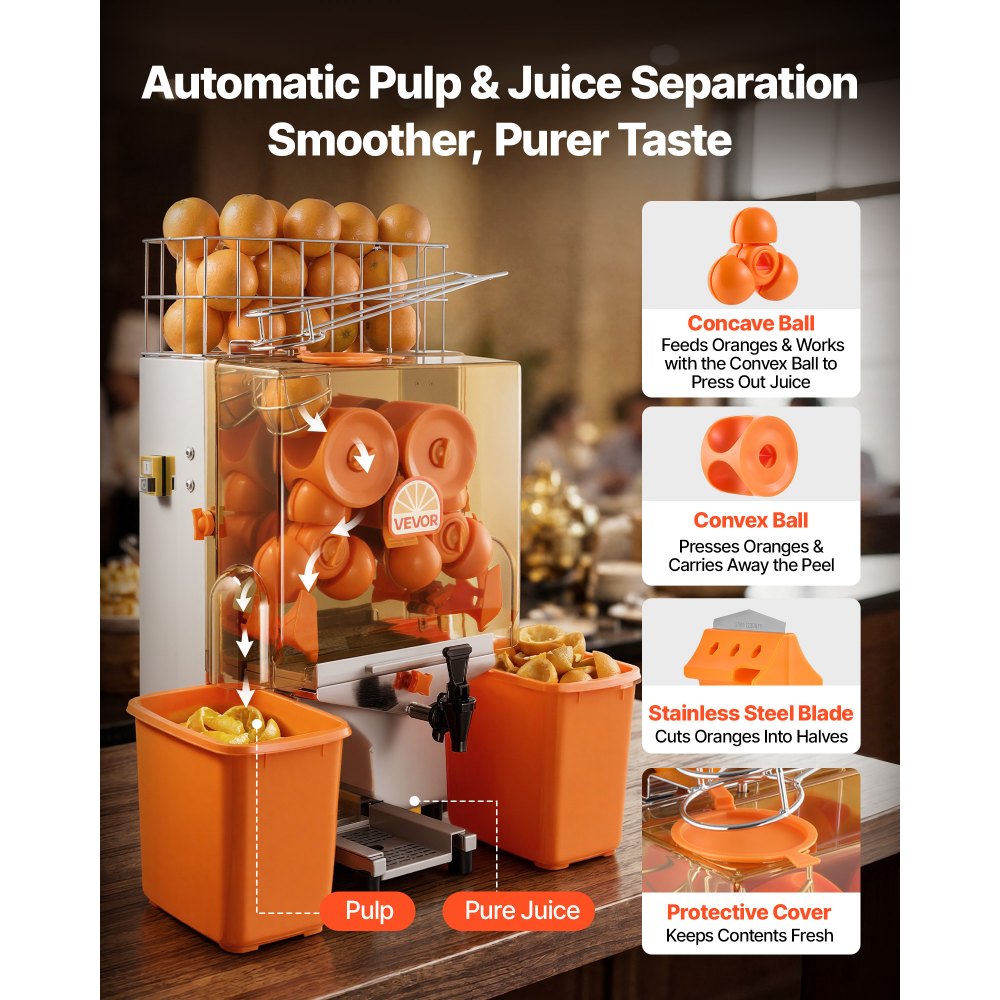 Commercial Electric Orange Juicer Machine | 120W Stainless Steel Citrus Juicer, 20 Fruits Per Minute with Water Tap