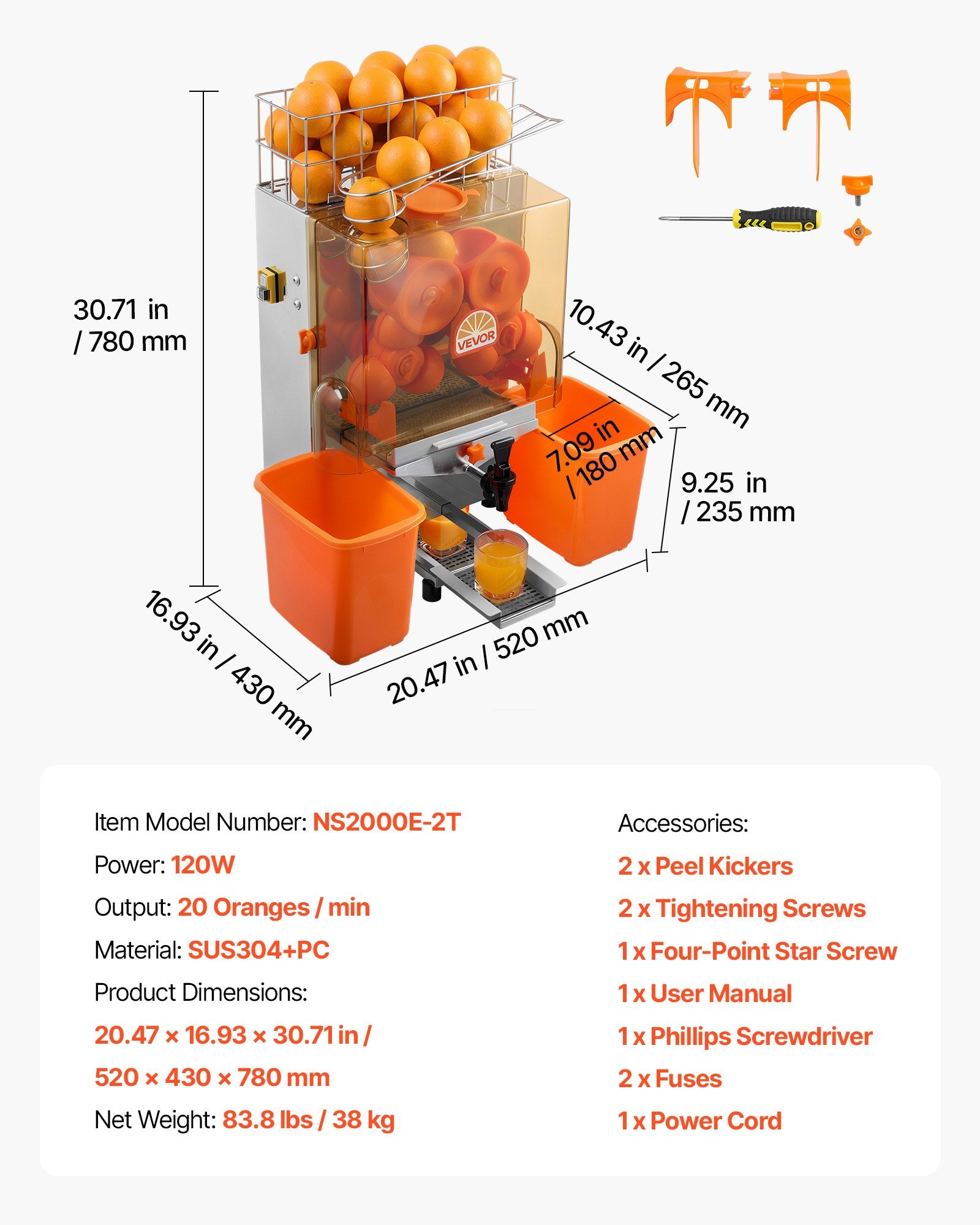 Commercial Electric Orange Juicer Machine | 120W Stainless Steel Citrus Juicer, 20 Fruits Per Minute with Water Tap