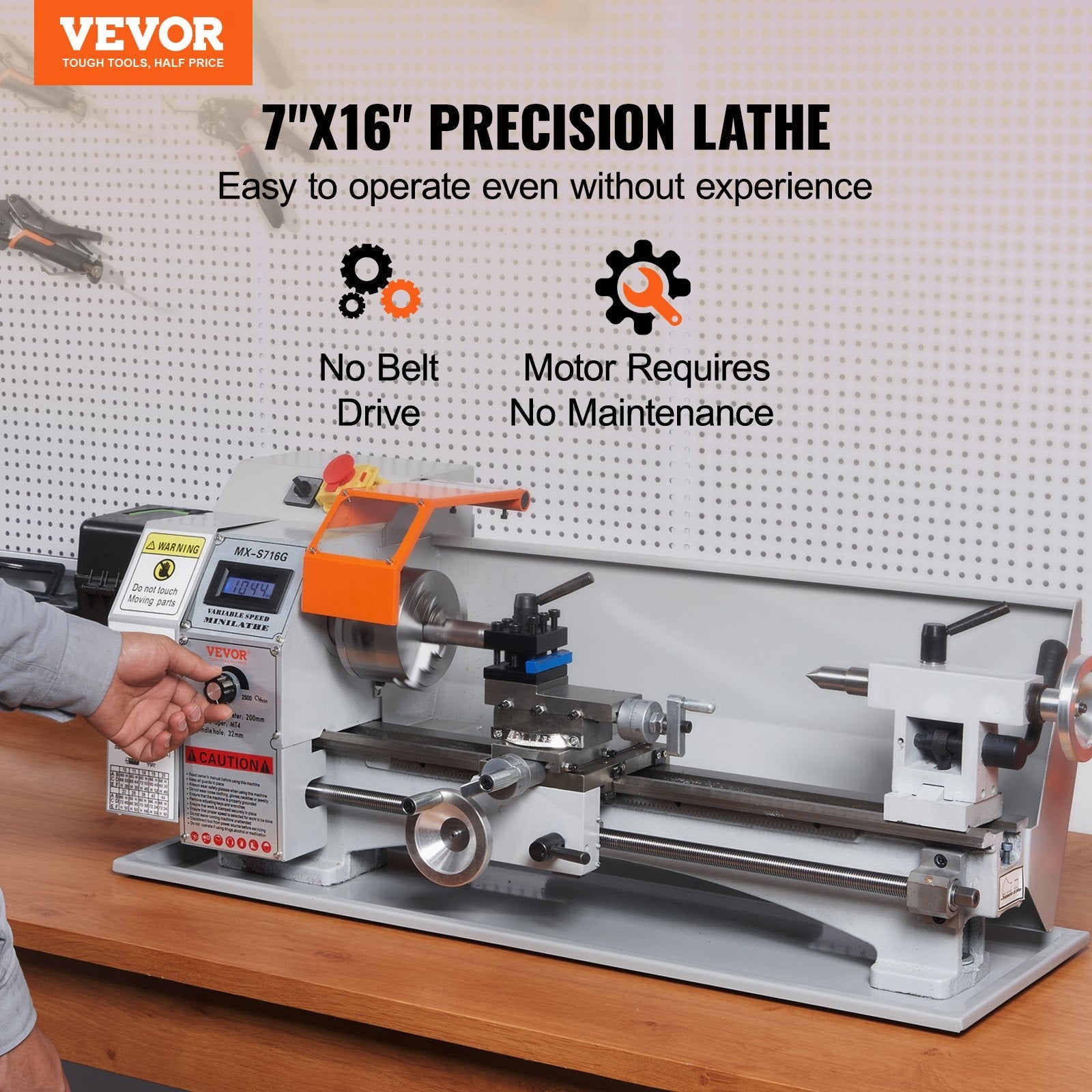 VEVOR Mini Metal Lathe Machine, 7'' x 16'', 800W Precision Benchtop Power Metal Lathe, 150-2500 RPM Continuously Variable Speed, with 3.9'' 3-jaw Metal Chuck Tool Box for Processing Precision Parts 