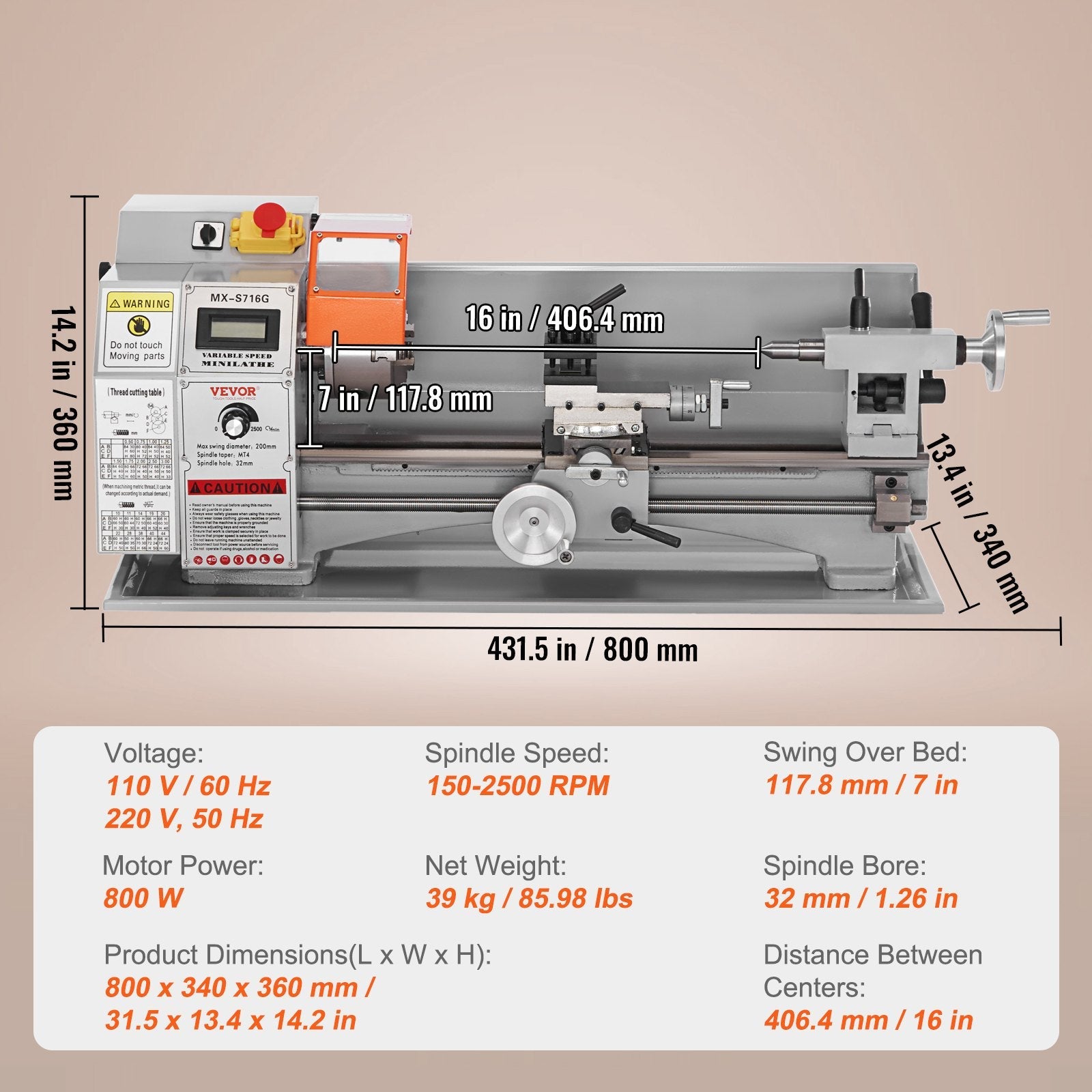 VEVOR Mini Metal Lathe Machine, 7'' x 16'', 800W Precision Benchtop Power Metal Lathe, 150-2500 RPM Continuously Variable Speed, with 3.9'' 3-jaw Metal Chuck Tool Box for Processing Precision Parts 