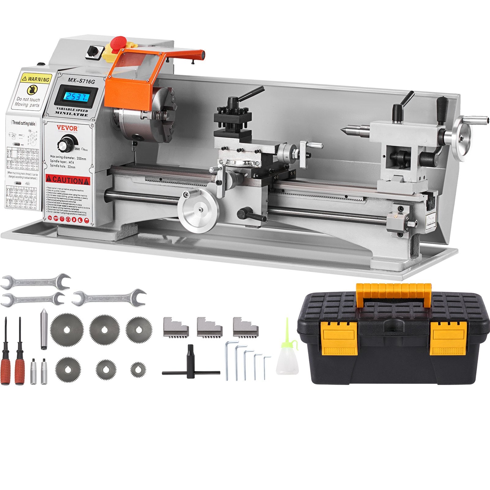 VEVOR Mini Metal Lathe Machine, 7'' x 16'', 800W Precision Benchtop Power Metal Lathe, 150-2500 RPM Continuously Variable Speed, with 3.9'' 3-jaw Metal Chuck Tool Box for Processing Precision Parts 