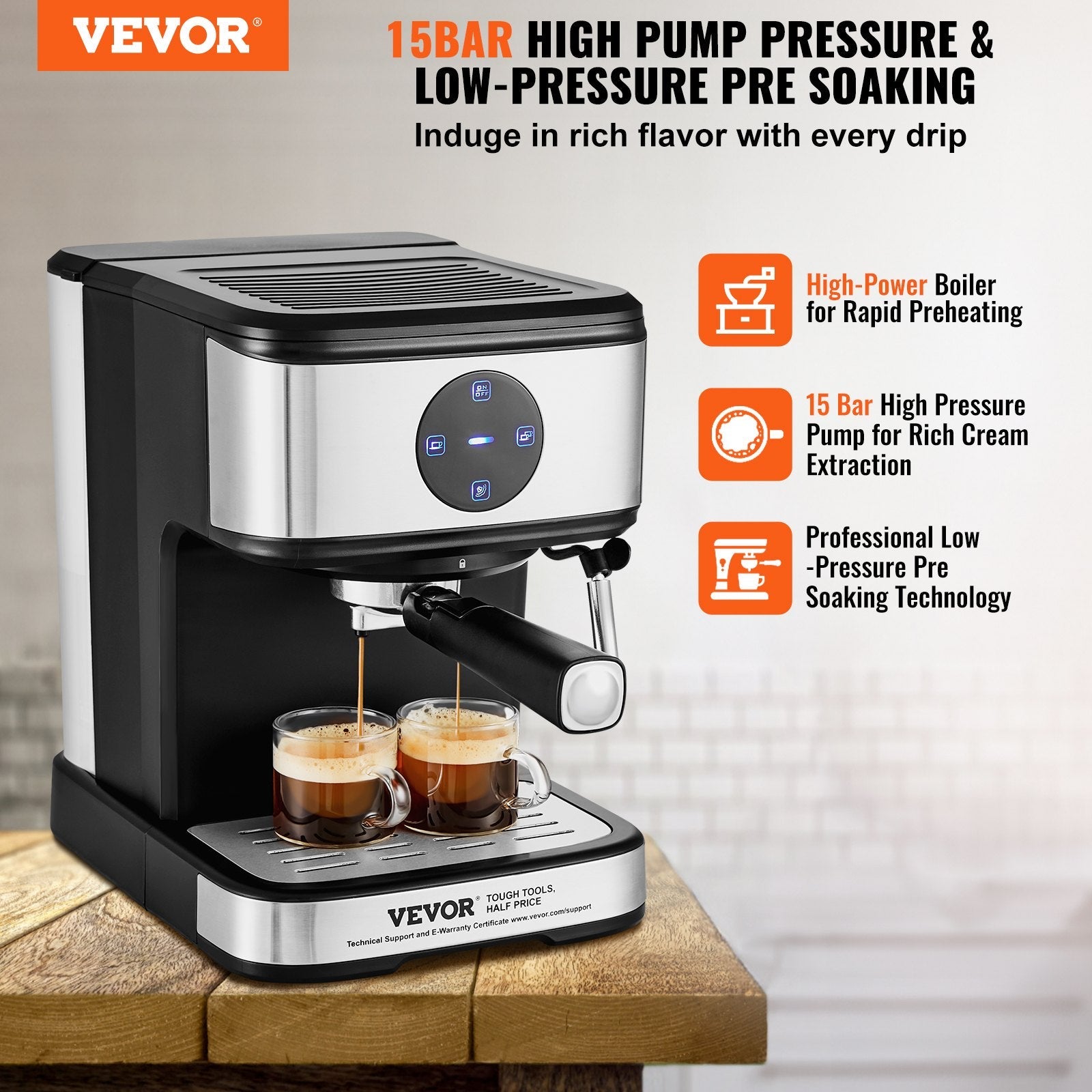 VEVOR Espresso Machine, 15 Bar Coffee and Espresso Maker with Milk Frother Steam Wand, Professional Semi-Automatic Cappuccino Latte Machine with Touch Screen & Removable Water Tank, NTC Control System 