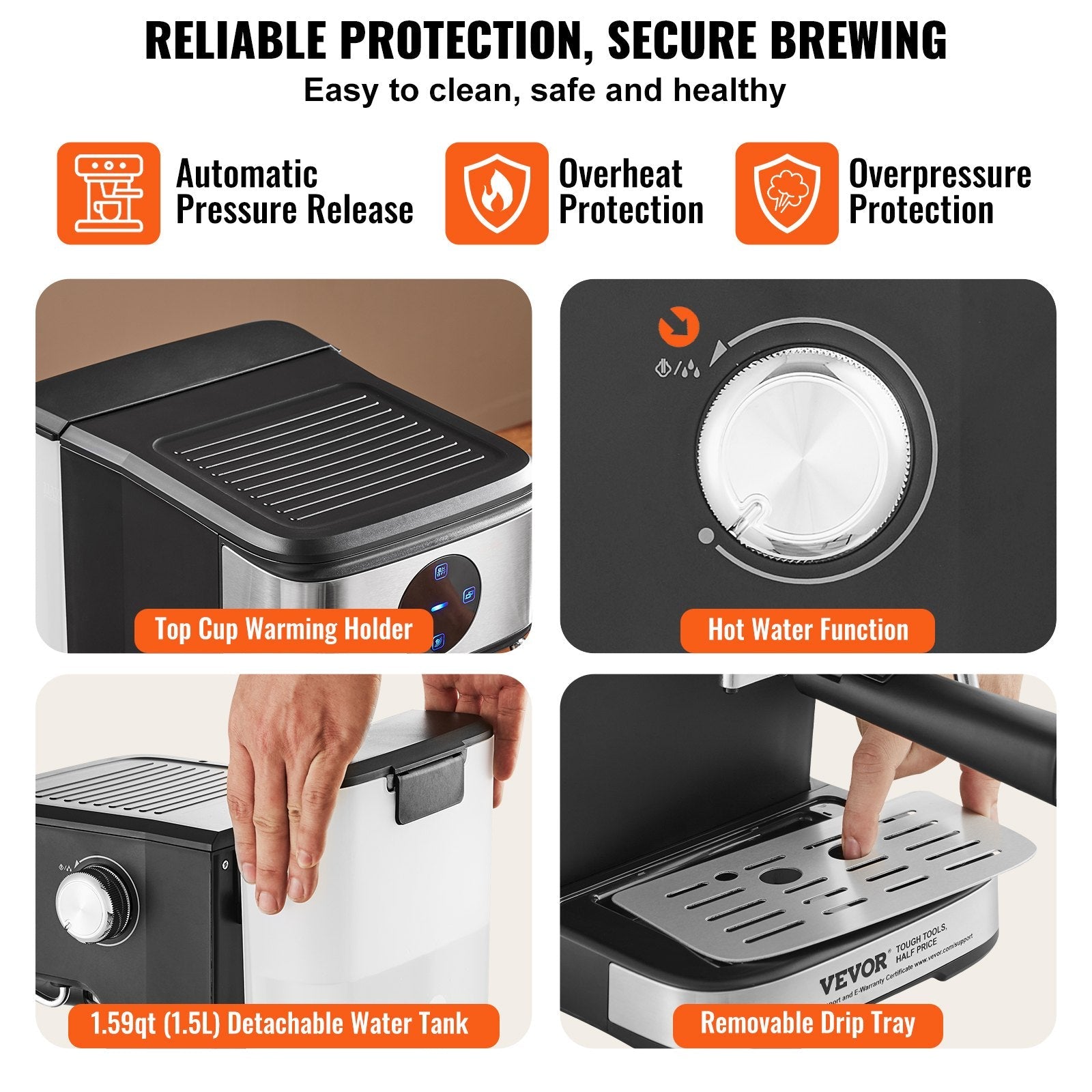 VEVOR Espresso Machine, 15 Bar Coffee and Espresso Maker with Milk Frother Steam Wand, Professional Semi-Automatic Cappuccino Latte Machine with Touch Screen & Removable Water Tank, NTC Control System 