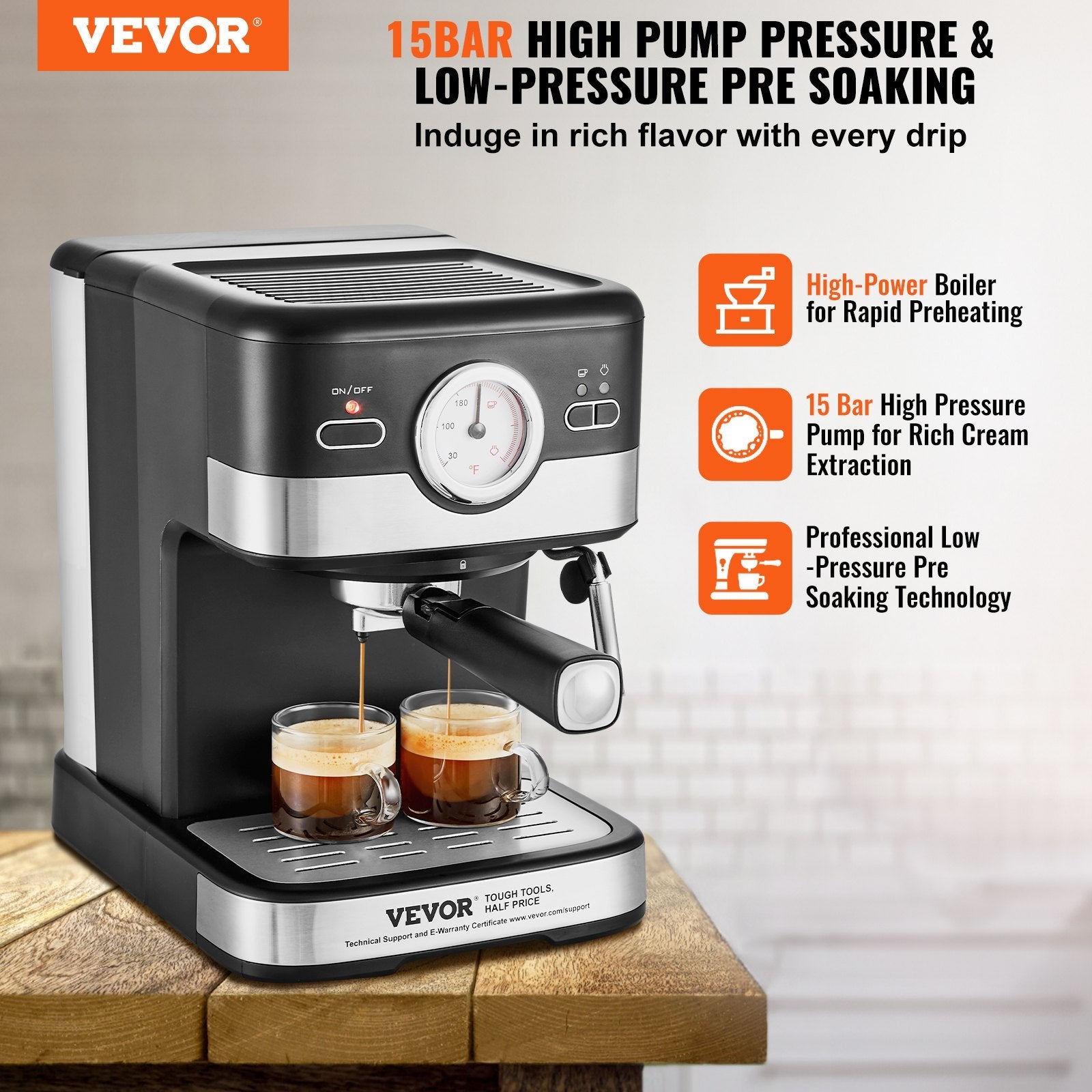 VEVOR Espresso Machine, 15 Bar Semi Automatic Espresso Maker with Milk Frother Steam Wand for Latte and Cappuccino, Professional Coffee Maker with Temp Gauge & Removable Water Tank, NTC Control System 