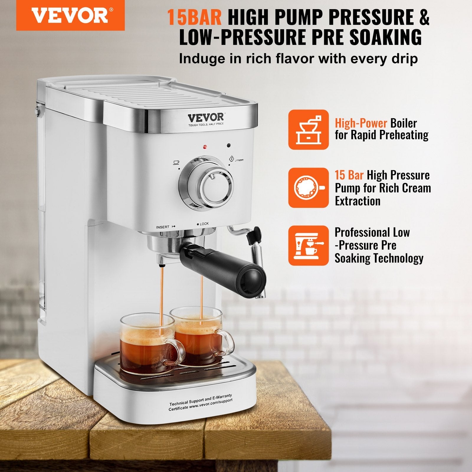 VEVOR Espresso Coffee Machine, 15Bar Semi-Automatic Espresso Maker with Milk Frother Steam Wand, Professional Cappuccino Latte Machine with High-Power Boiler & Removable Water Tank, NTC Control System 