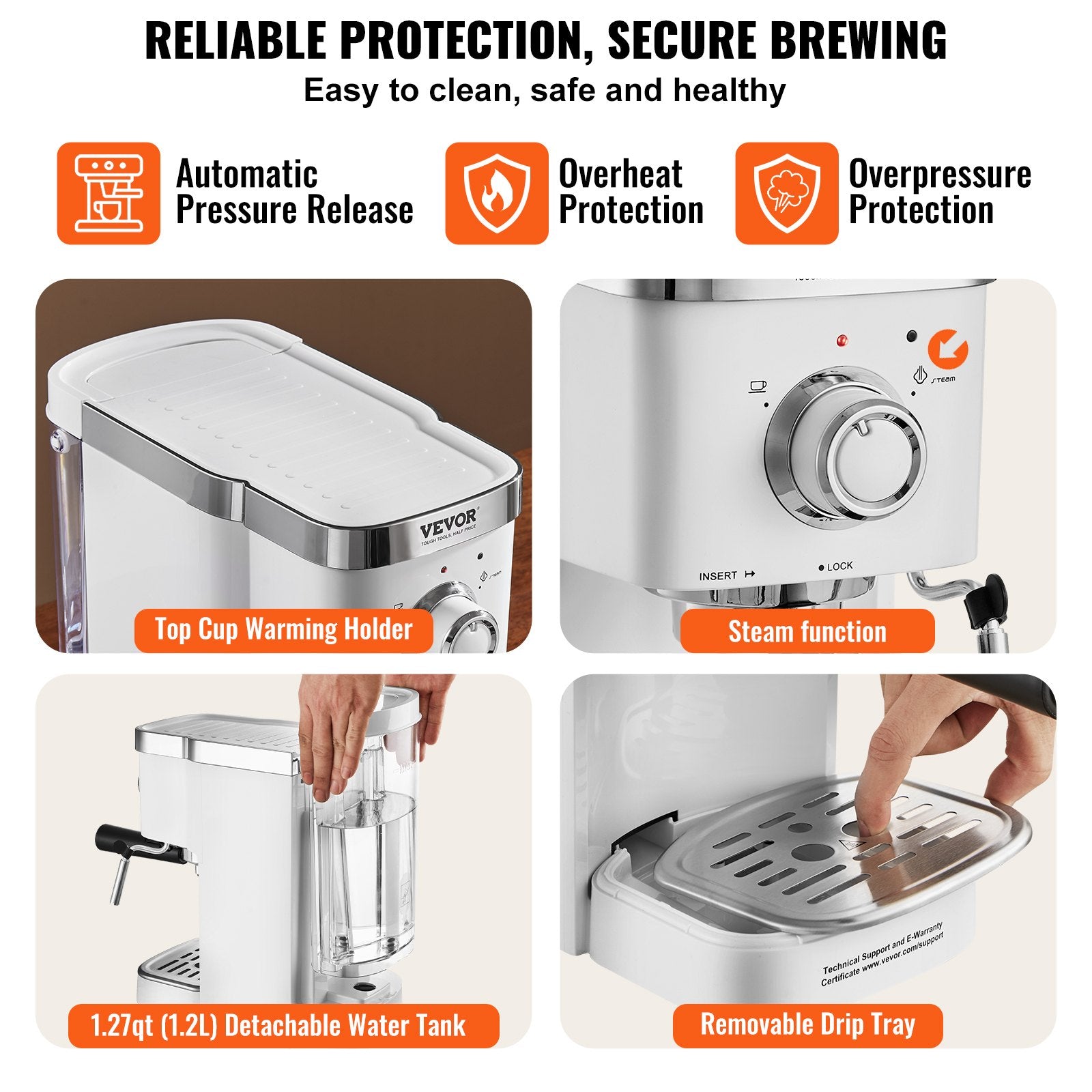 VEVOR Espresso Coffee Machine, 15Bar Semi-Automatic Espresso Maker with Milk Frother Steam Wand, Professional Cappuccino Latte Machine with High-Power Boiler & Removable Water Tank, NTC Control System 