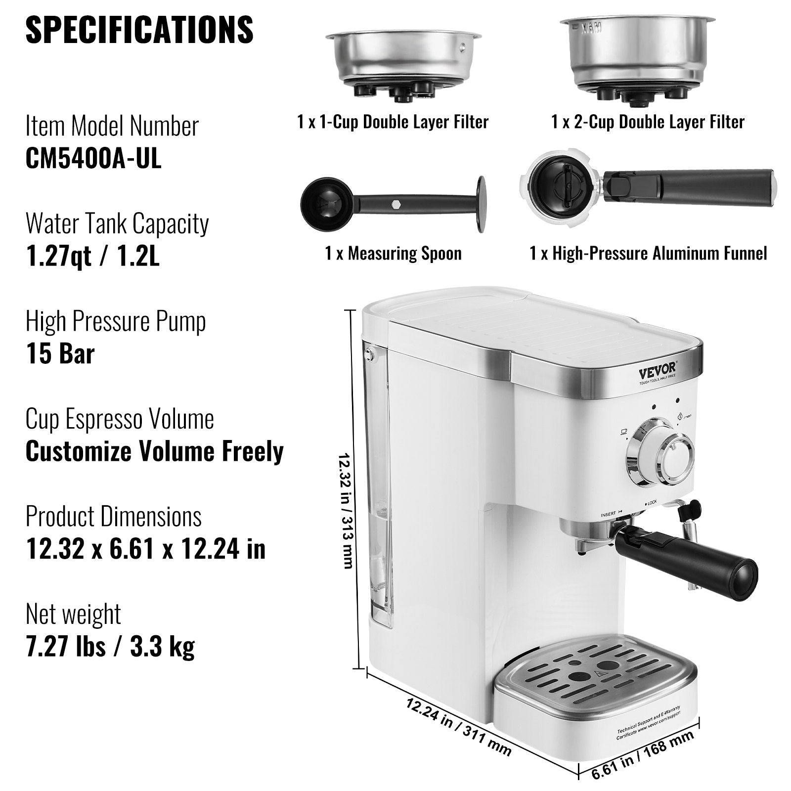 VEVOR Espresso Coffee Machine, 15Bar Semi-Automatic Espresso Maker with Milk Frother Steam Wand, Professional Cappuccino Latte Machine with High-Power Boiler & Removable Water Tank, NTC Control System 