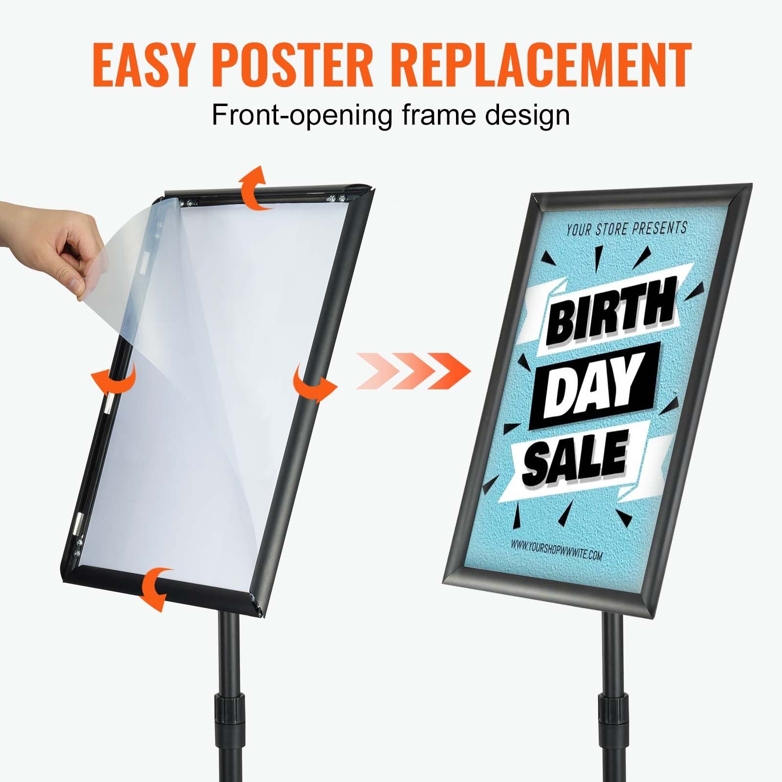 VEVOR Pedestal Sign Holder, 11 x 17 Inch Vertical and Horizontal Adjustable Poster Stand, Heavy-Duty Floor Standing Sign Holder with Round Base for Display, Advertisement, and Outdoor, Black 