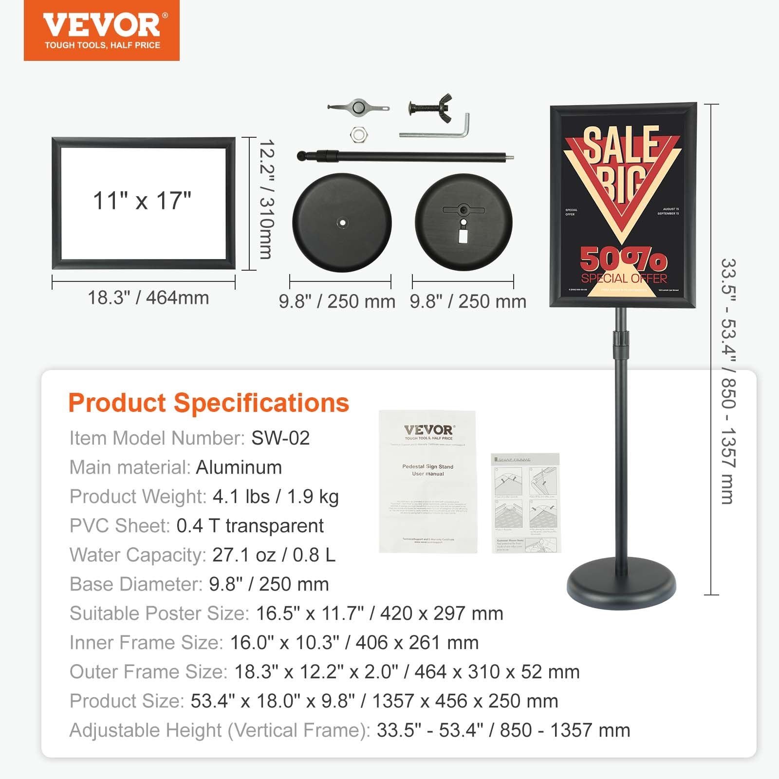 VEVOR Pedestal Sign Holder, 11 x 17 Inch Vertical and Horizontal Adjustable Poster Stand, Heavy-Duty Floor Standing Sign Holder with Round Base for Display, Advertisement, and Outdoor, Black 