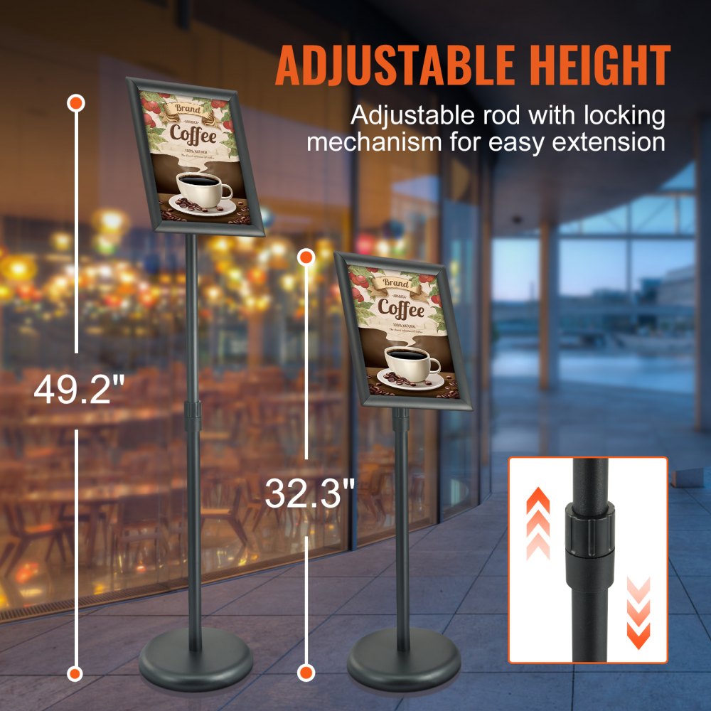 VEVOR Pedestal Sign Holder, 8.5 x 11 Inch Vertical and Horizontal Adjustable Poster Stand, Heavy-Duty Floor Standing Sign Holder with Round Base for Display, Advertisement, and Outdoor, Black 